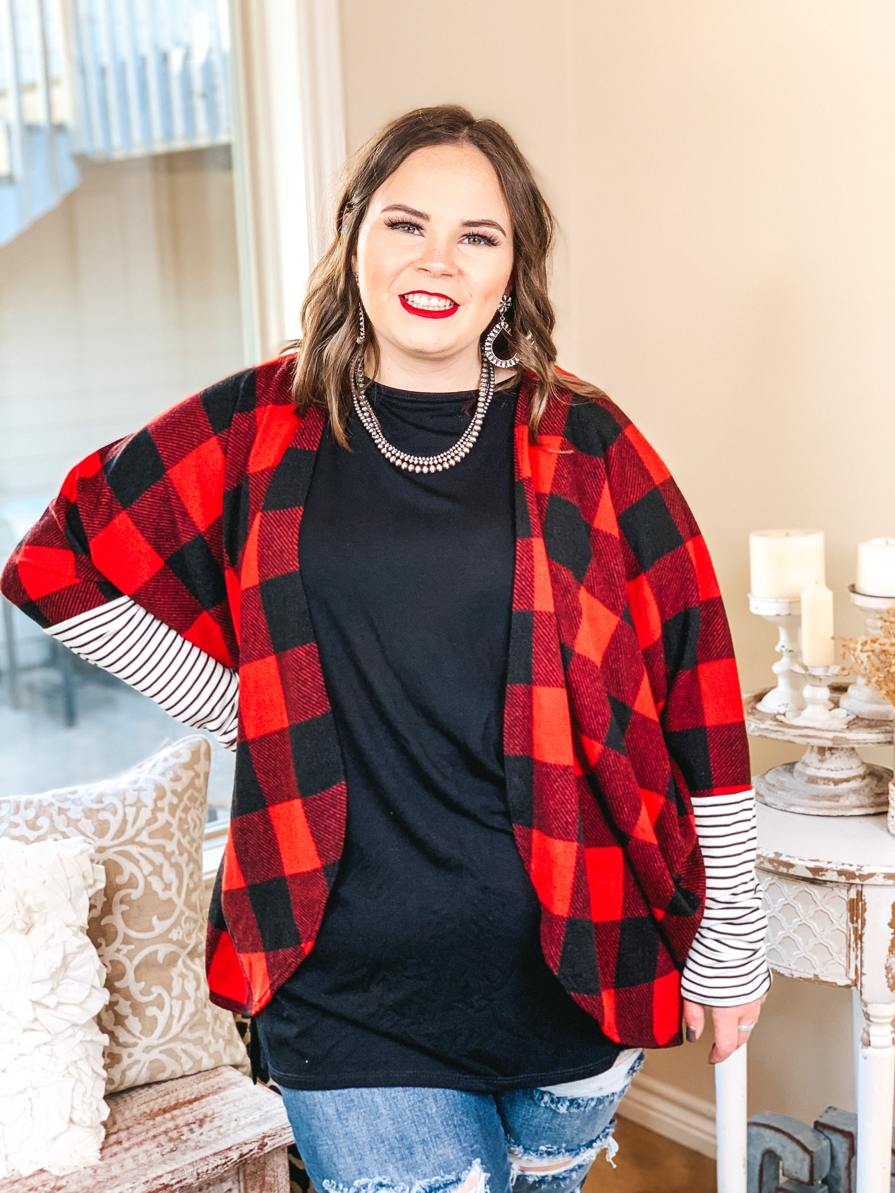 Lining Up Long Sleeve Dolman Cardigan with Striped Sleeves in Buffalo Plaid - Giddy Up Glamour Boutique