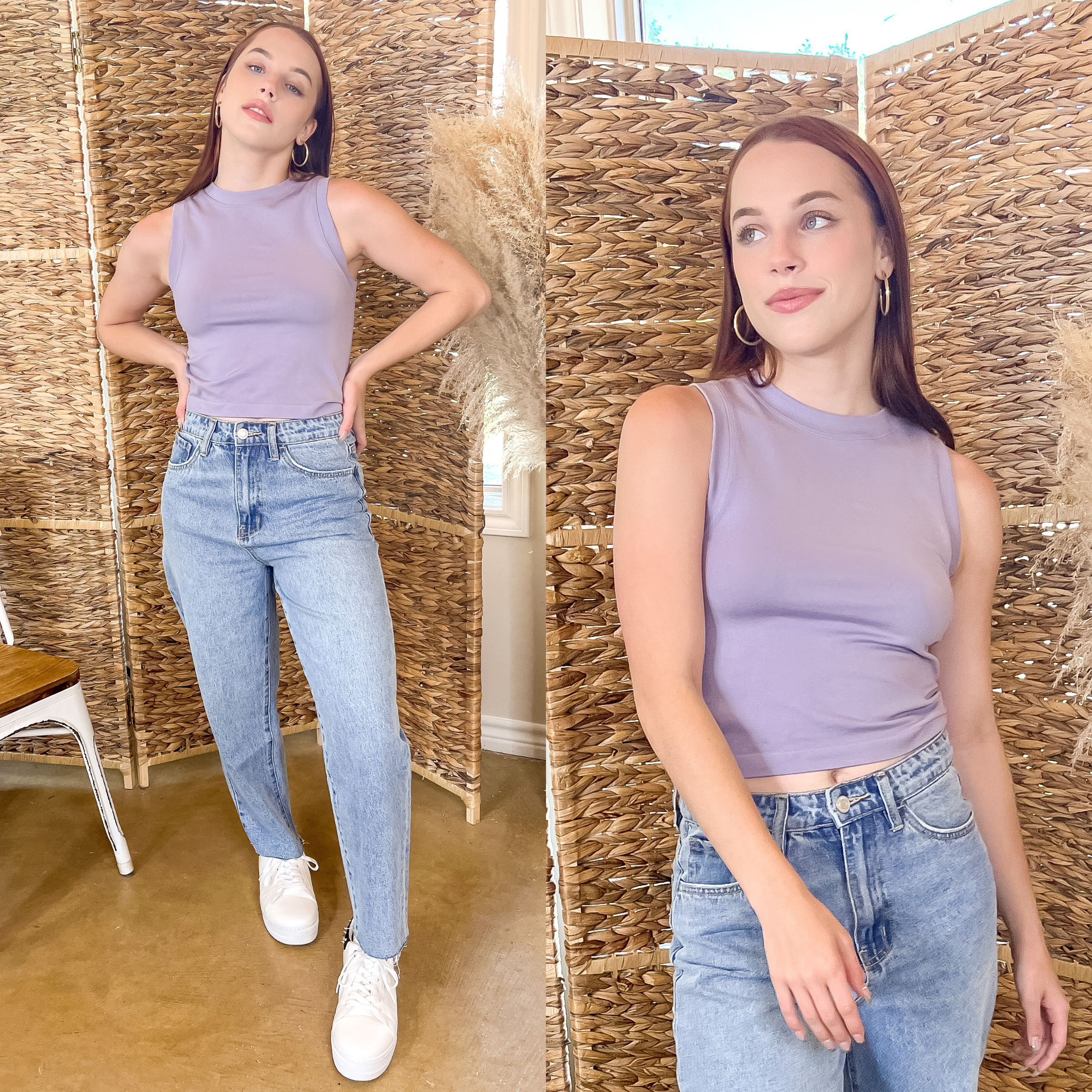 Model is wearing a dusty lilac, cropped muscle tank. The model is wearing this top with light colored boyfriend jeans, gold hoops, and white tennis shoes. 