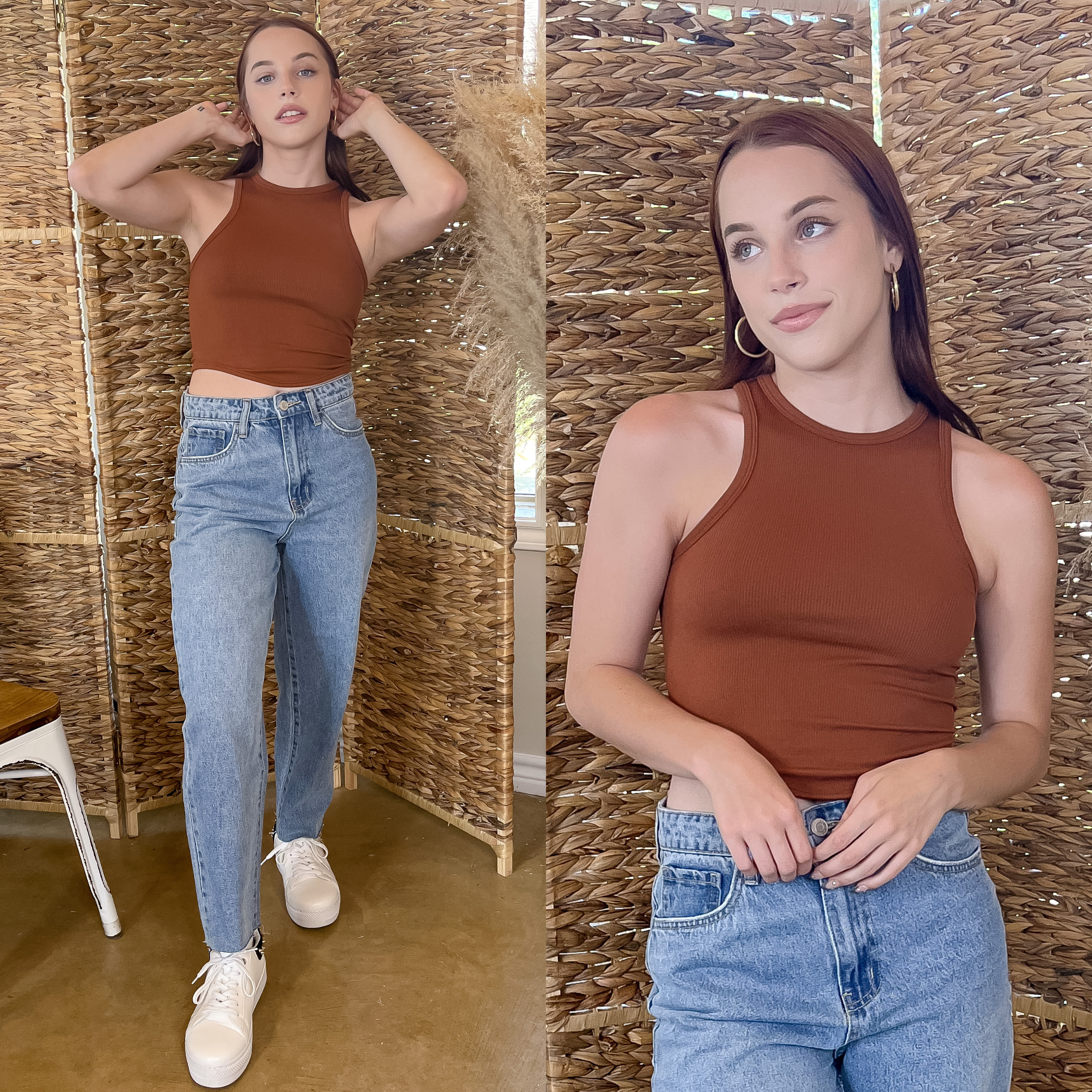 Model is wearings a rust orange, scoop neck cropped tank top with light blue jeans. She is also wearing gold hoops and white tennis shoes.