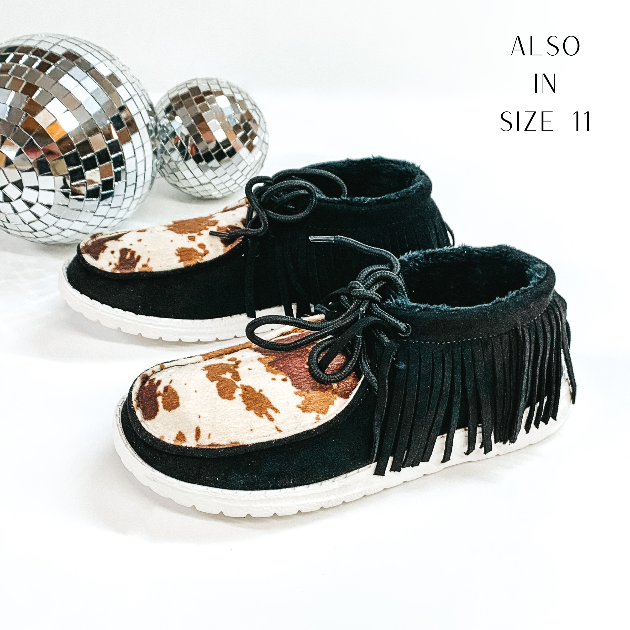 Very G | Have To Run Black Slip On High Top Loafers in Black with Cow Print and Black Fringe - Giddy Up Glamour Boutique