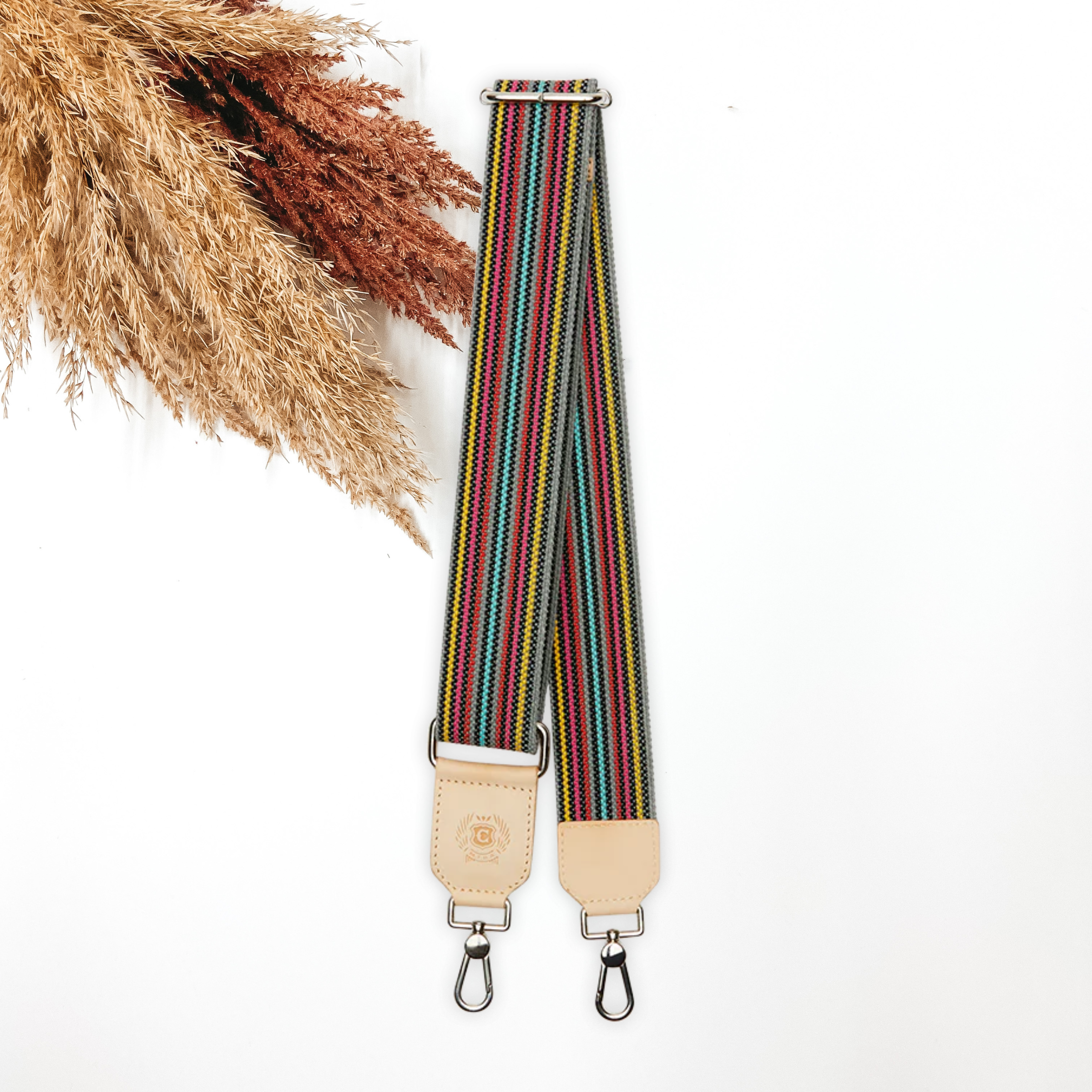 A woven multicolored striped purse strap that has a main color of grey. This purse strap is pictured on a white background with tan and brown pompous grass in the top left corner.