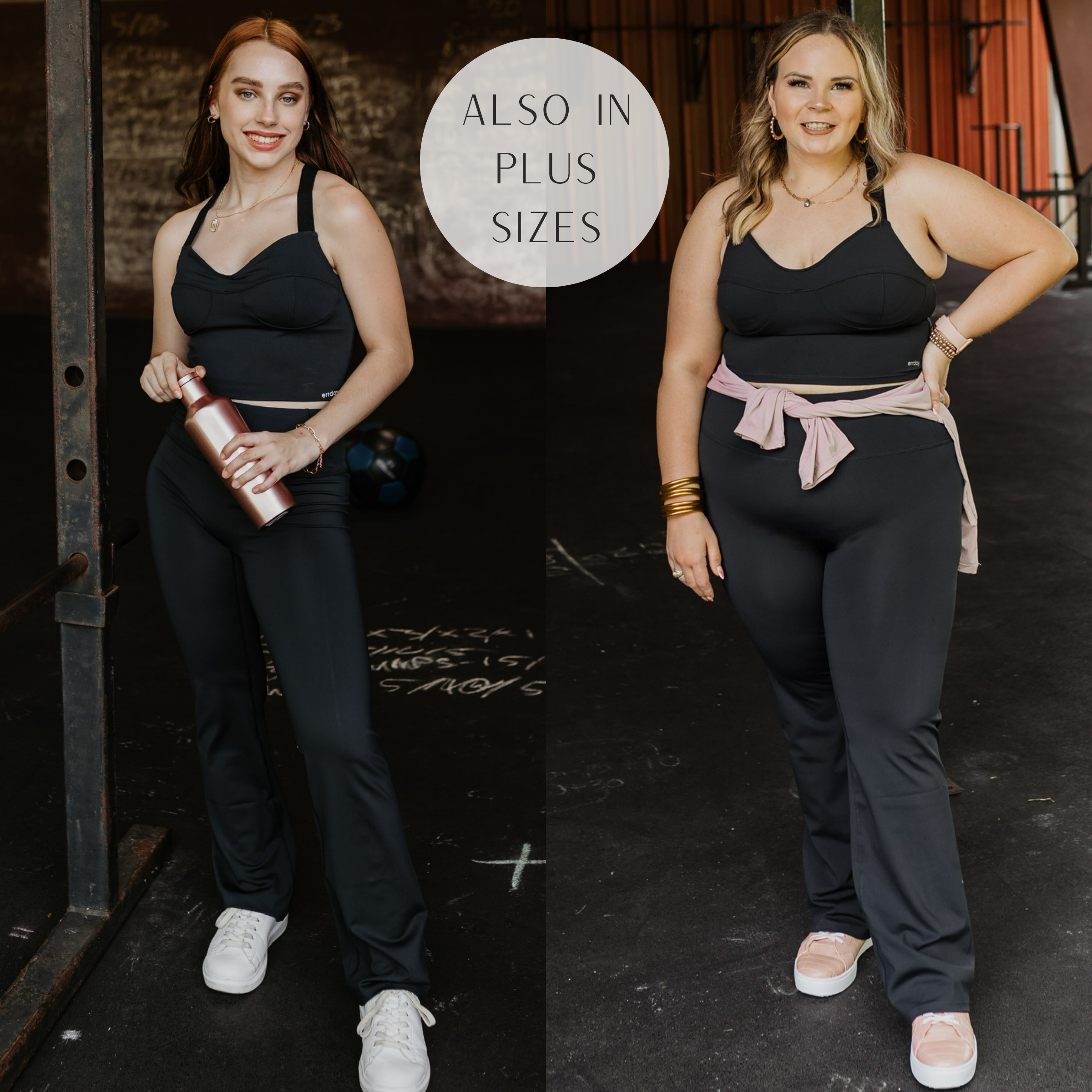 Models are wearing a criss-cross back sports bra. Both models have it paired with matching flare yoga pants. Size small model has it paired with white sneakers and gold jewelry. Size large model has it paired with blush pink sneakers and gold jewelry.