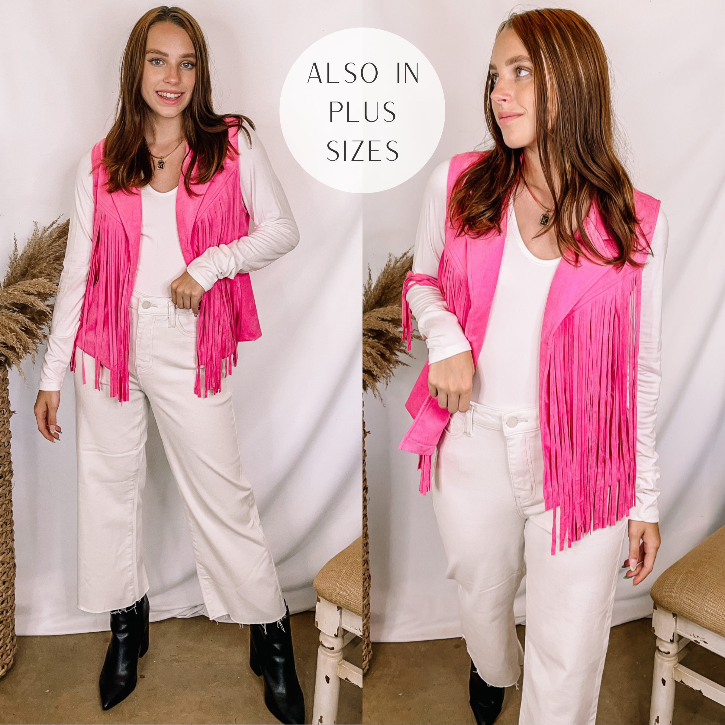Model is wearing a pink fringe vest with an open front. Model has it paired to white cropped pants, white long sleeve top, and black booties.