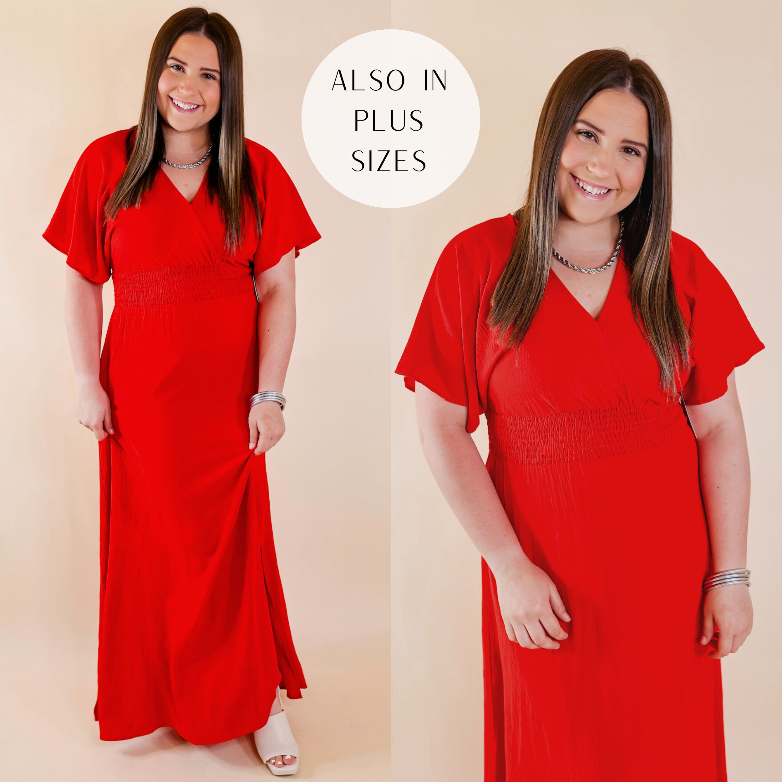 Model is wearing a red maxi dress with short sleeves, a v neckline, and a smocked waist. Model has it paired with white heels and silver jewelry.