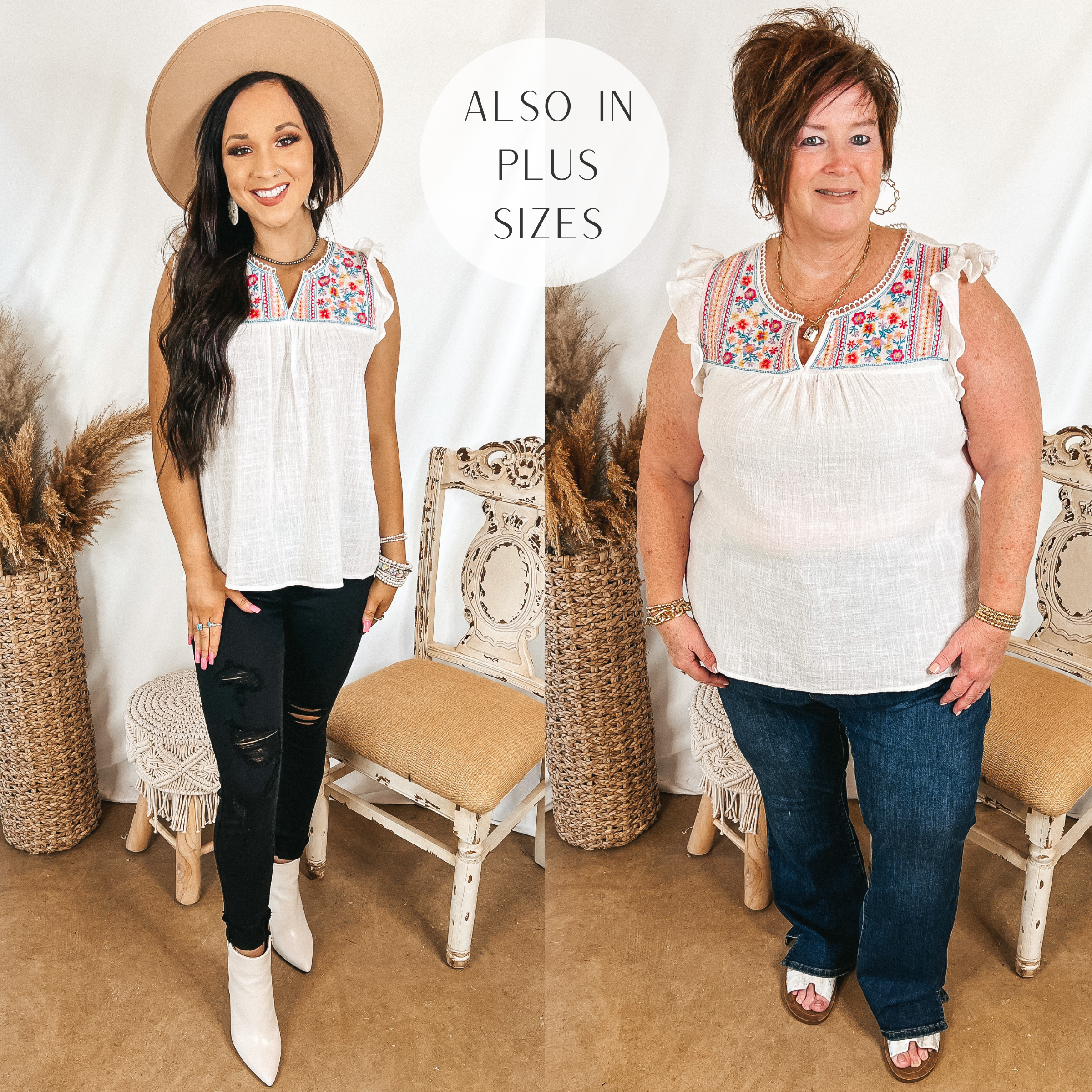 Models are wearing a white babydoll top with ruffle cap sleeves and an embroidered yoke. Size small model has it paired with black skinnies, white booties, and a tan hat. Plus size model has it paired with dark wash bootcut jeans, white sandals, and gold jewelry.