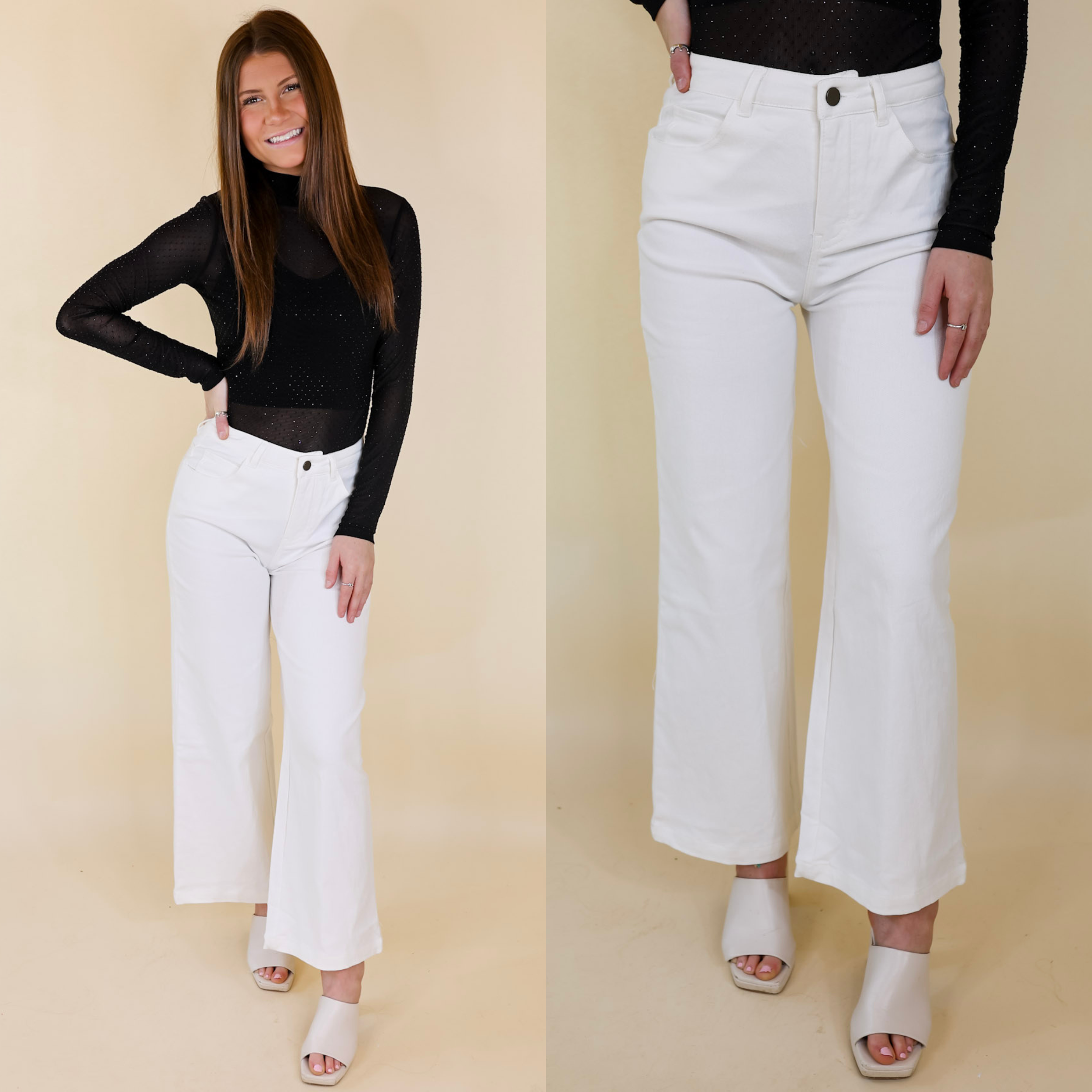 Model is wearing a pair of white cropped jeans with a wide leg. Model has it paired with white heels, a black bodysuit, and gold jewelry.