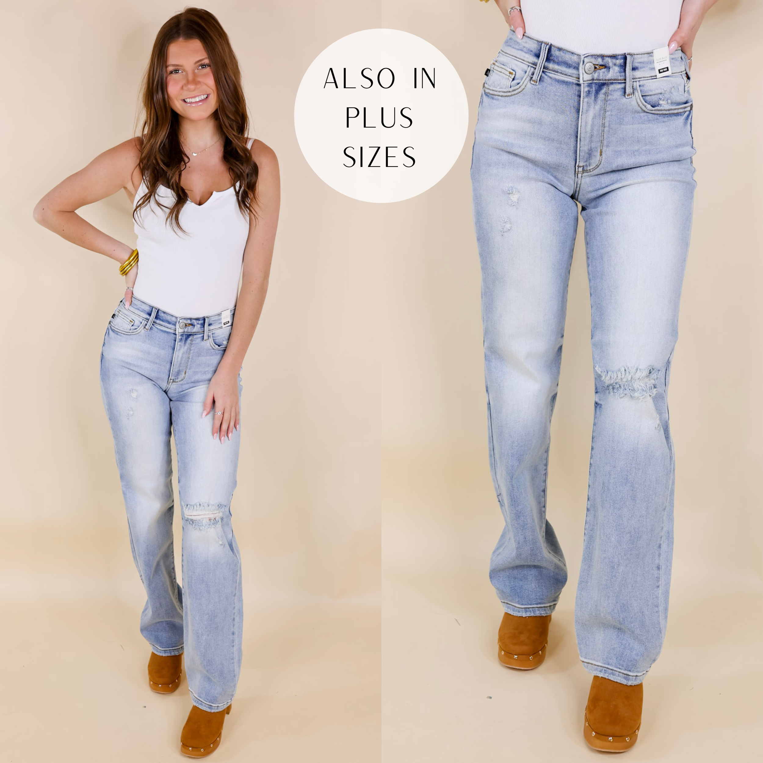 Model is wearing a pair of light wash, straight leg jeans with a distressed left knee. Model has it paired with a white bodysuit, brown clogs, and gold jewelry.