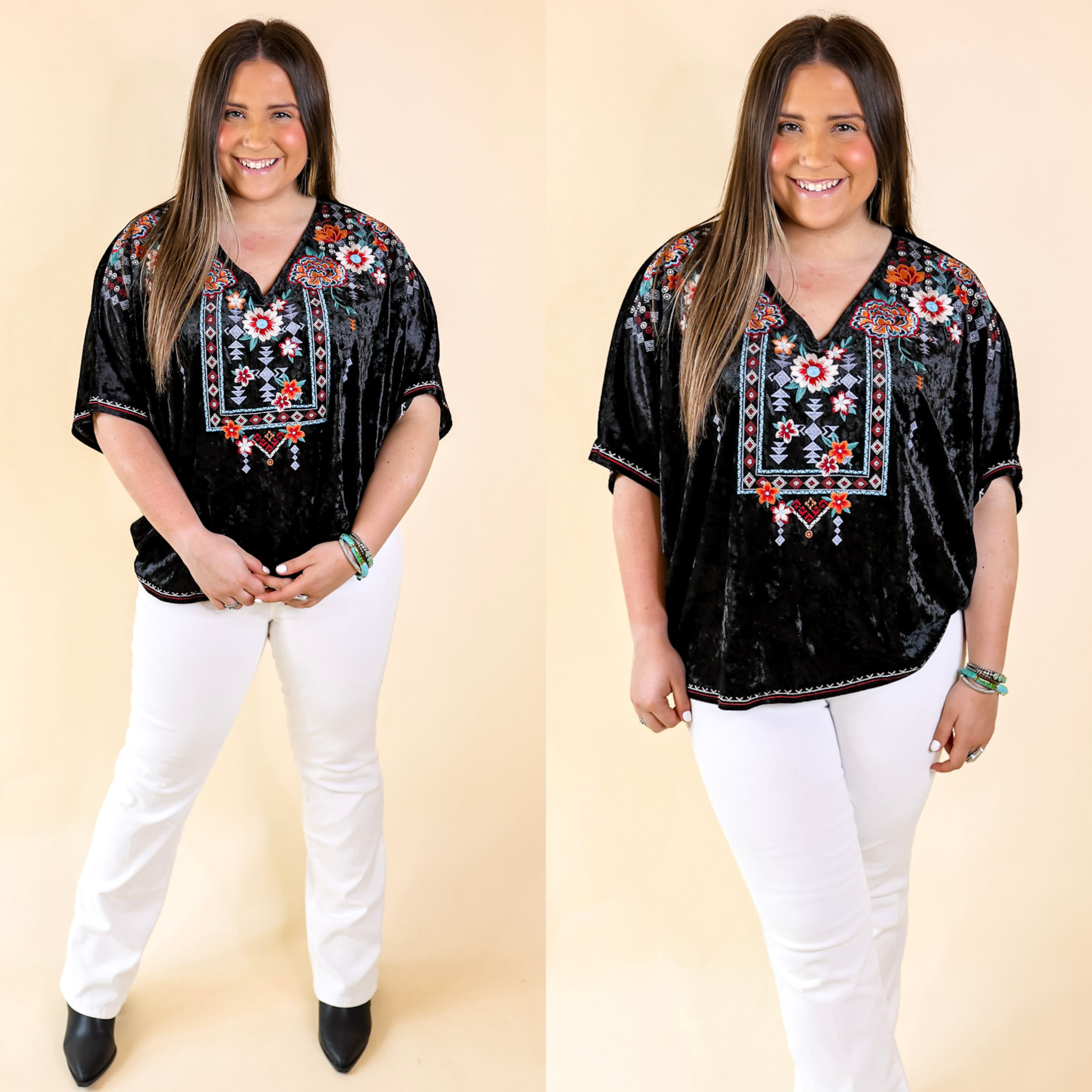 Forever Wanted Floral Embroidered Velvet Poncho Top in Black - Giddy Up Glamour Boutique