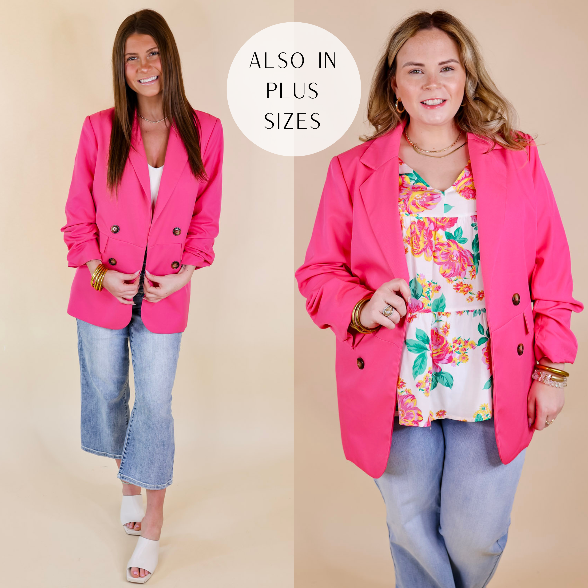 Models are wearing a pink blazer with a double button up front and 3/4 sleeves. Size small model has it paired with a white tank top, cropped jeans, ivory heels, and silver jewelry. Size large model has it paired with a floral top, light wash jeans, and gold jewelry.