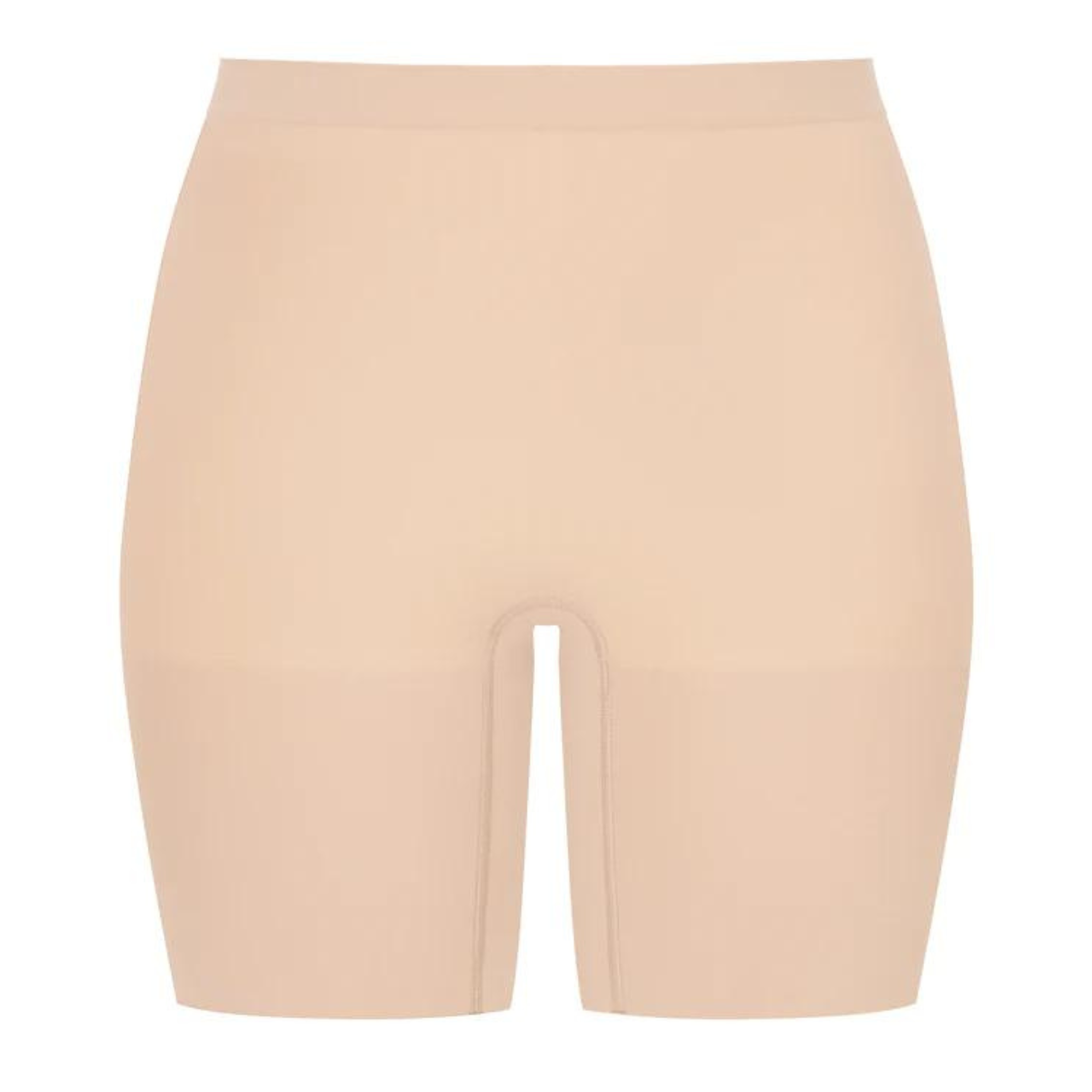 A pair of nude mid thigh  shorts with a high waist line. Pictured on a white background.