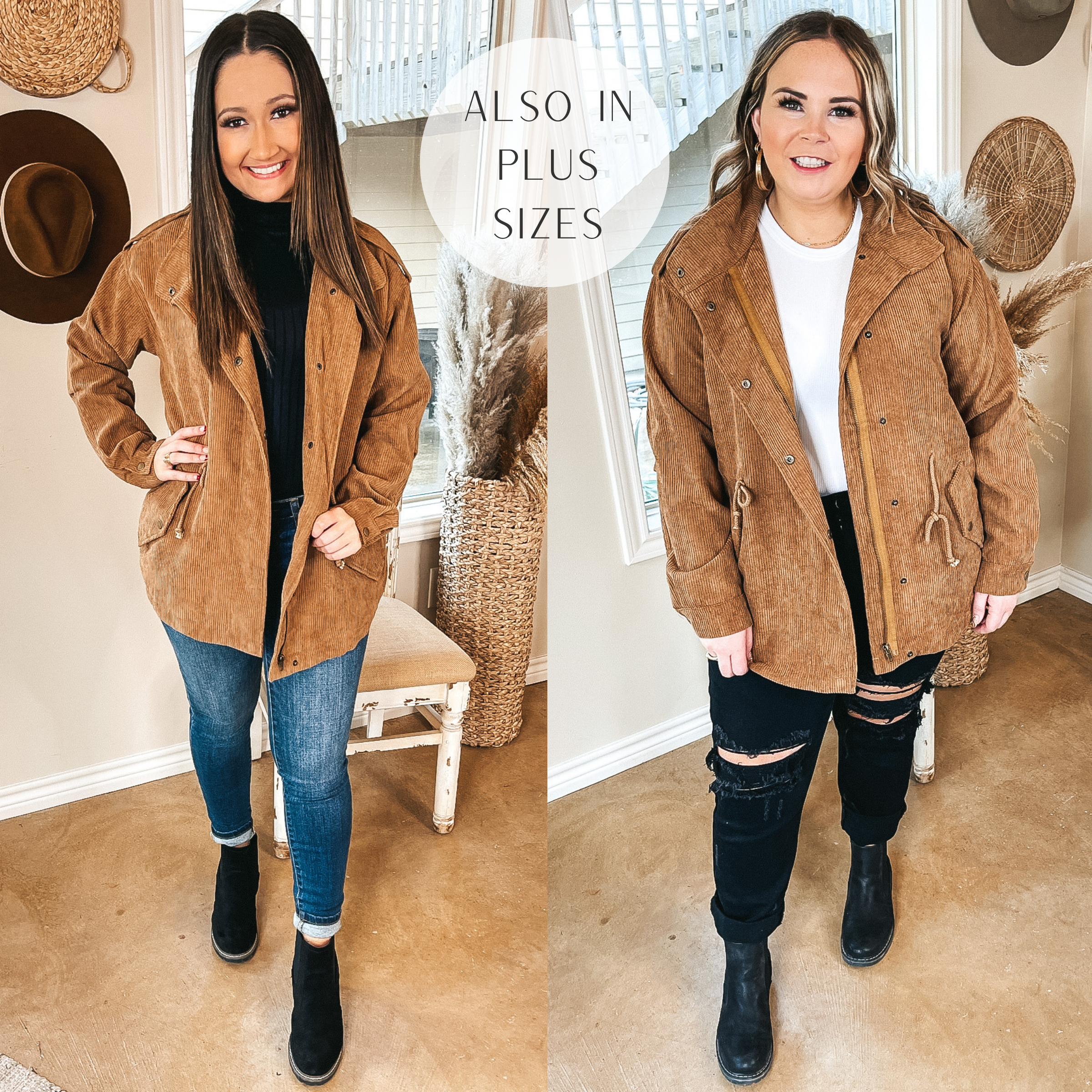 Models are wearing a camel brown corduroy utility jacket. Size small model has it paired with a black tank top, skinny jeans, and black booties. Size large model has it paired with a white bodysuit, black distressed jeans, black booties, and gold jewelry.