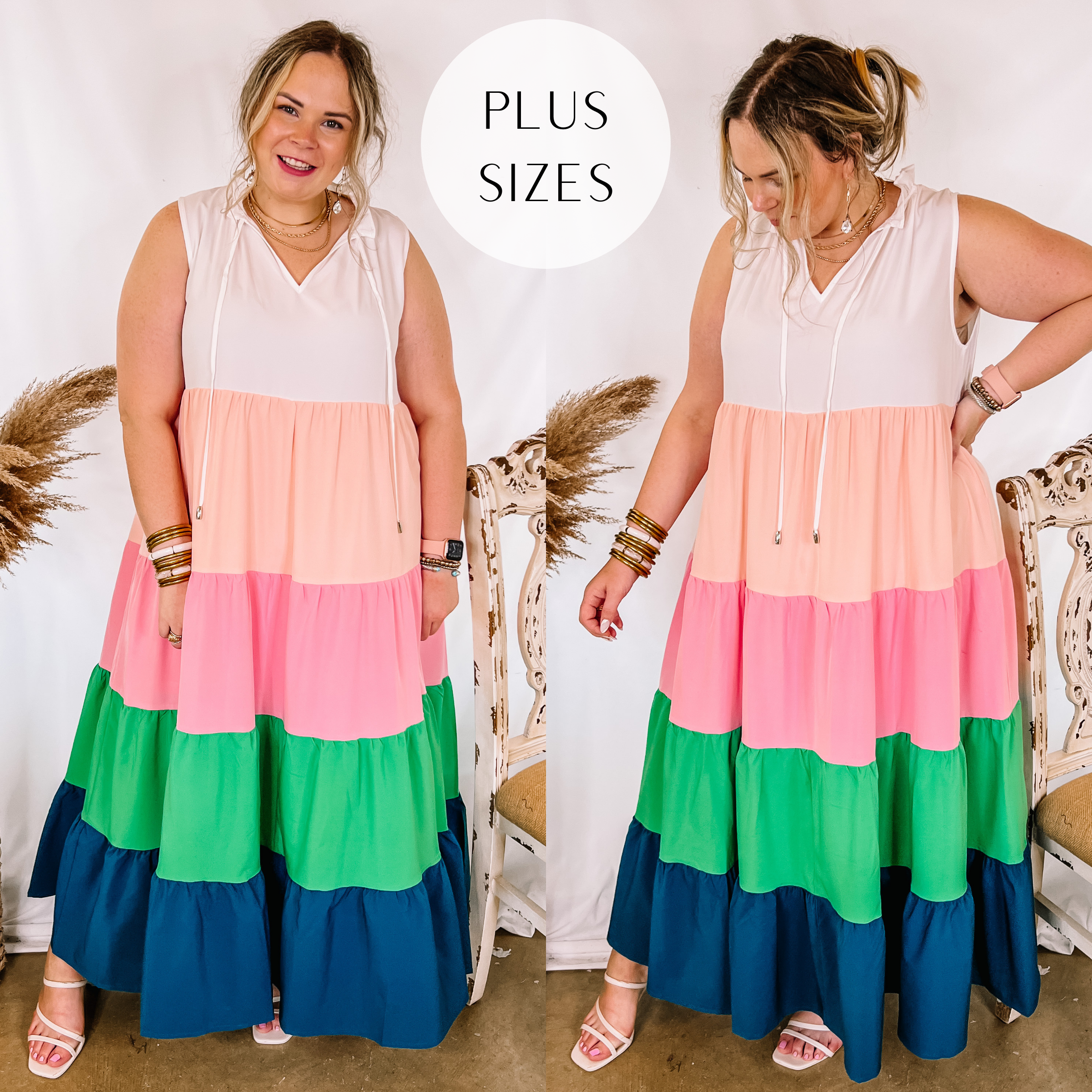 Plus Sizes | Calm Waters High Neck Tiered Maxi Dress in White Mix - Giddy Up Glamour Boutique