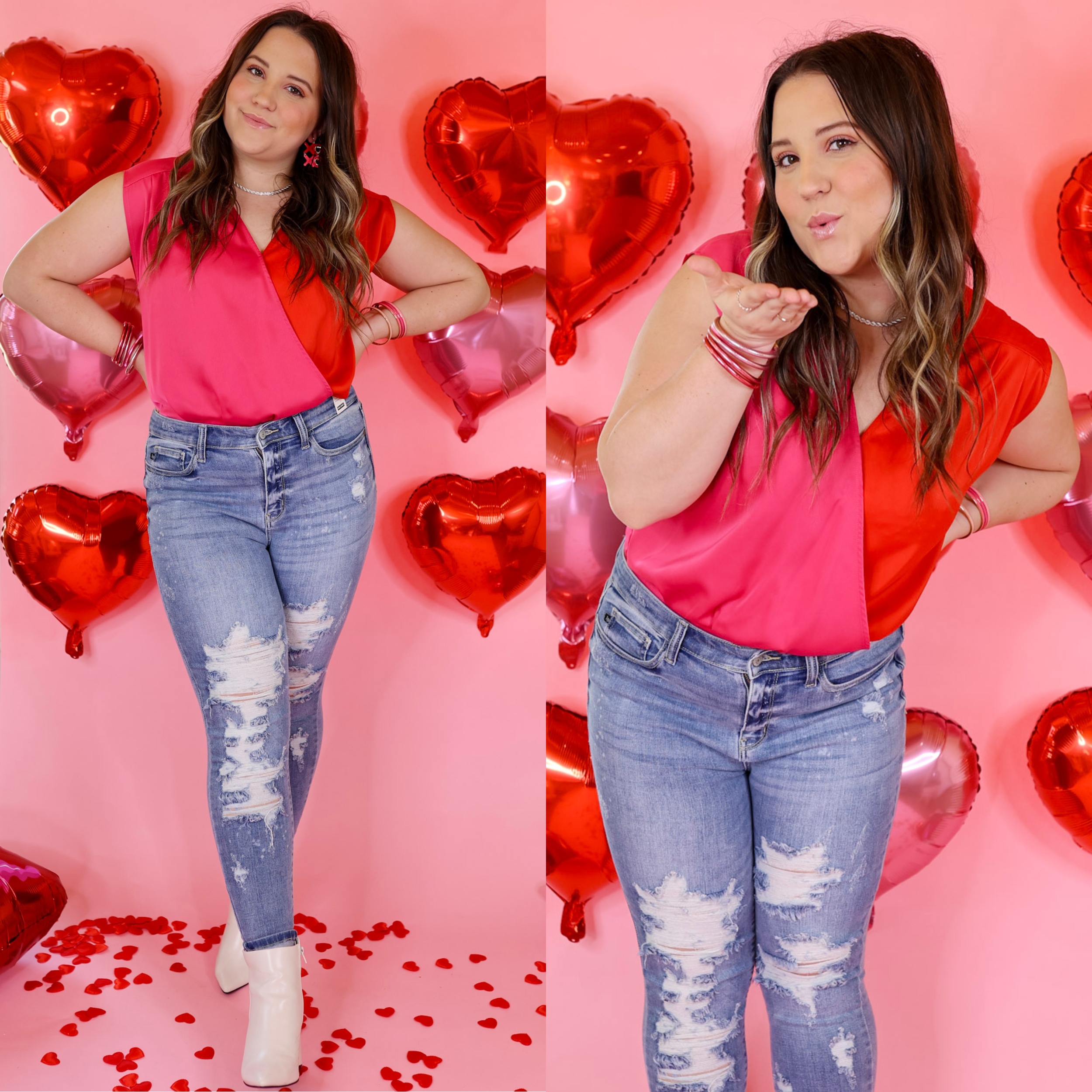 Model is wearing a sleeveless, v neck, top in pink and red. Model has this top paired with skinny jeans, white booties, and pink and silver jewelry. Background is light pink with red balloons.