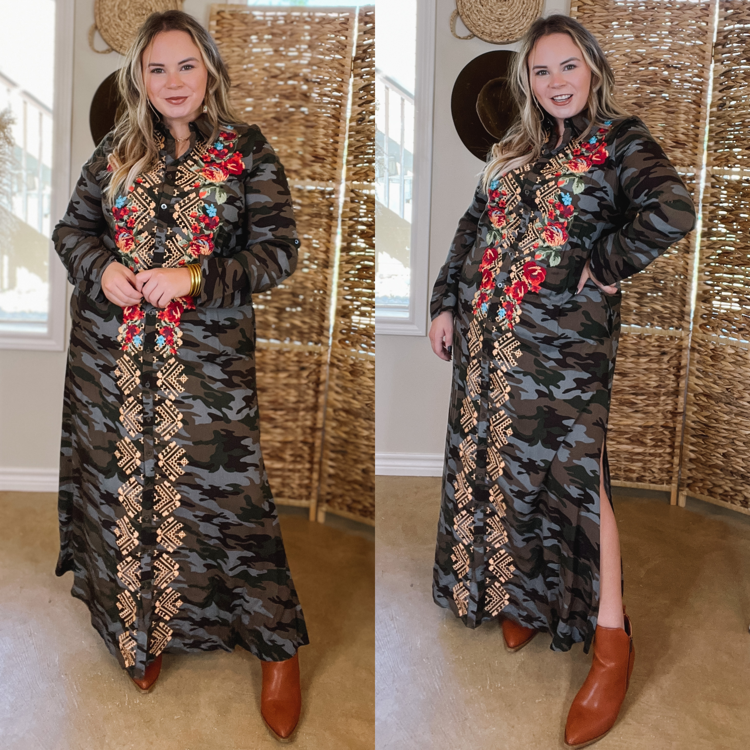 I'm All That Long Camouflage Button Up Dress with Floral Print Embroidery - Giddy Up Glamour Boutique