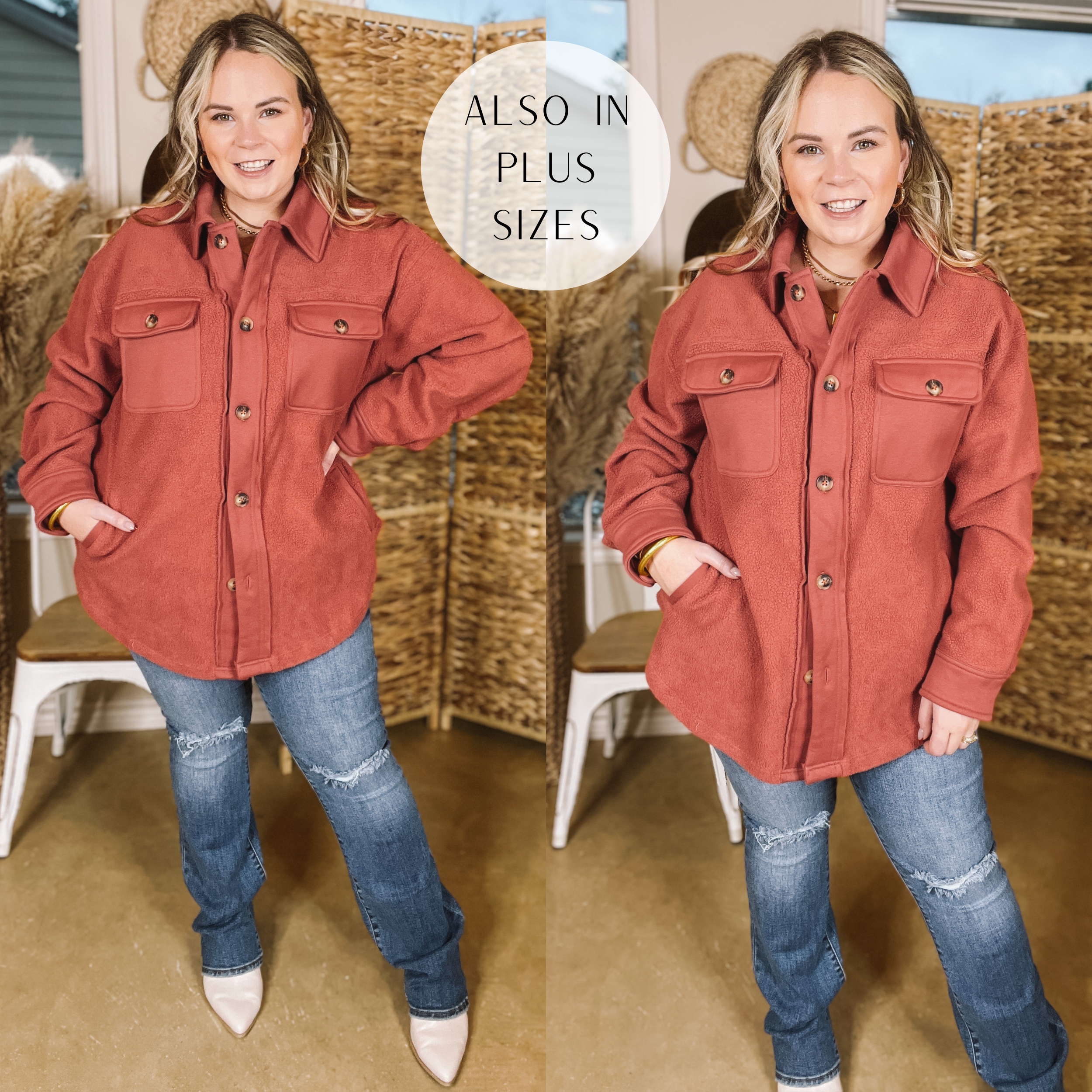Hollywood Hike Button Up Fleece Jacket with Pockets in Clay Red - Giddy Up Glamour Boutique