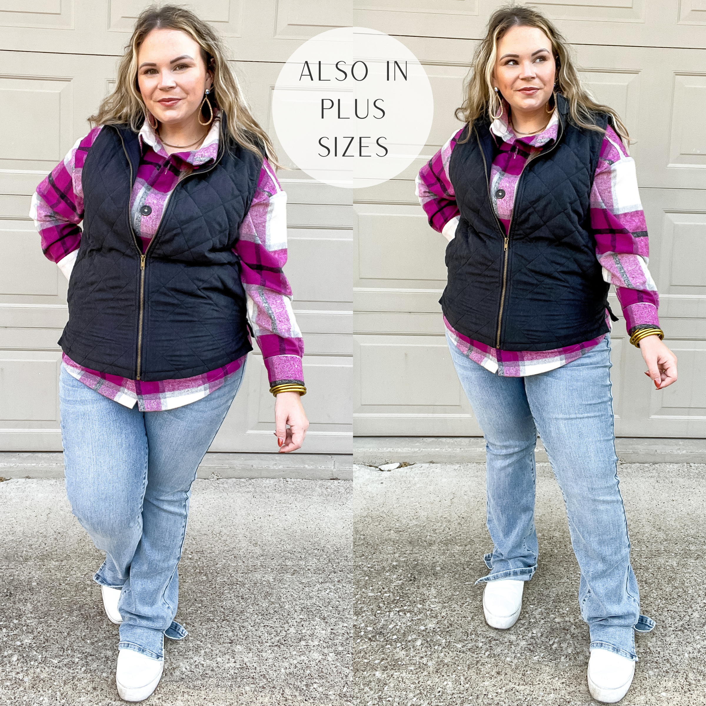Model is wearing a black quilted vest with a zip up front and high neckline. Model has it on over a pink plaid top, bootcut jeans, white sneakers, and gold jewelry.