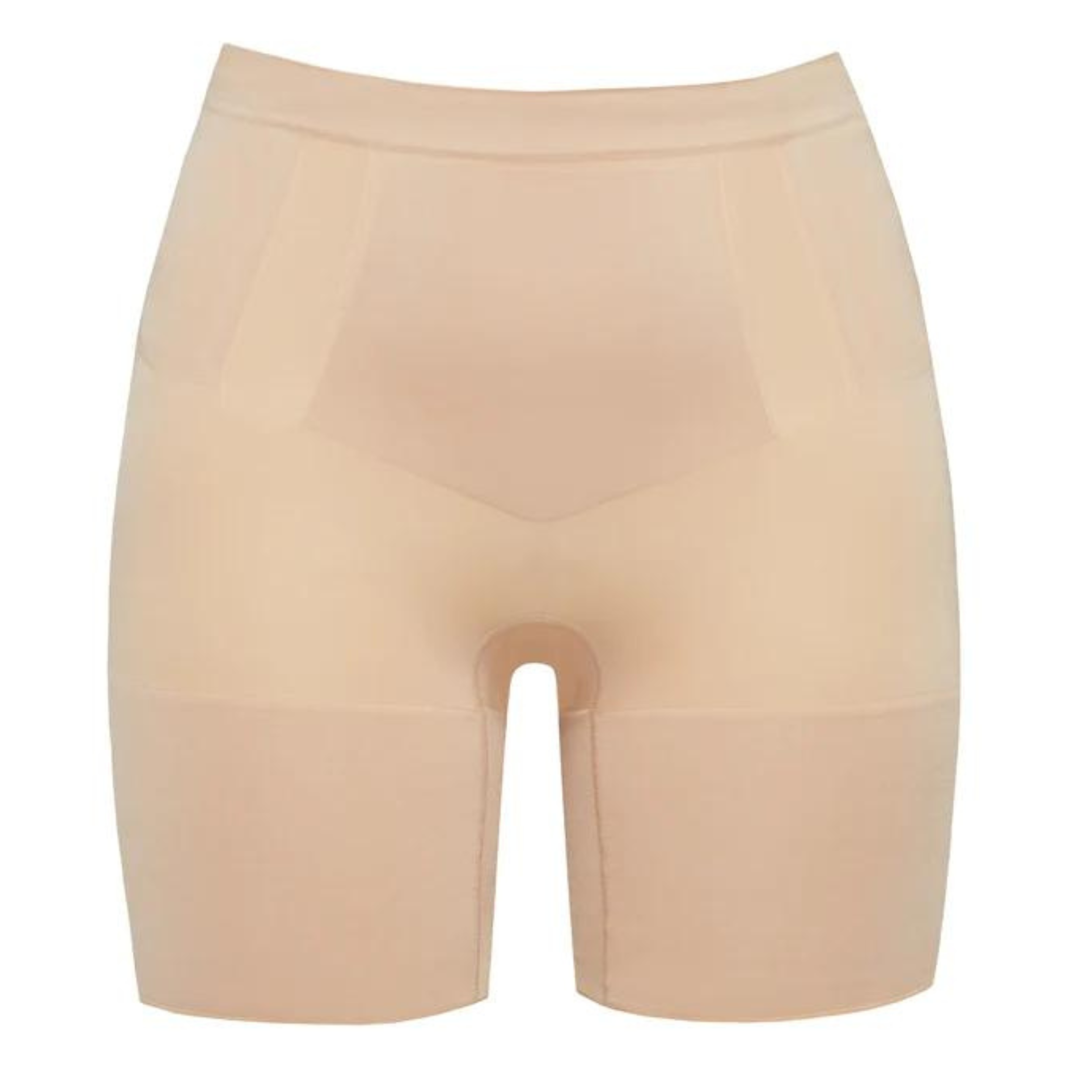 A pair of nude color shorts that are mid thigh length. These shorts are pictured on a white background.