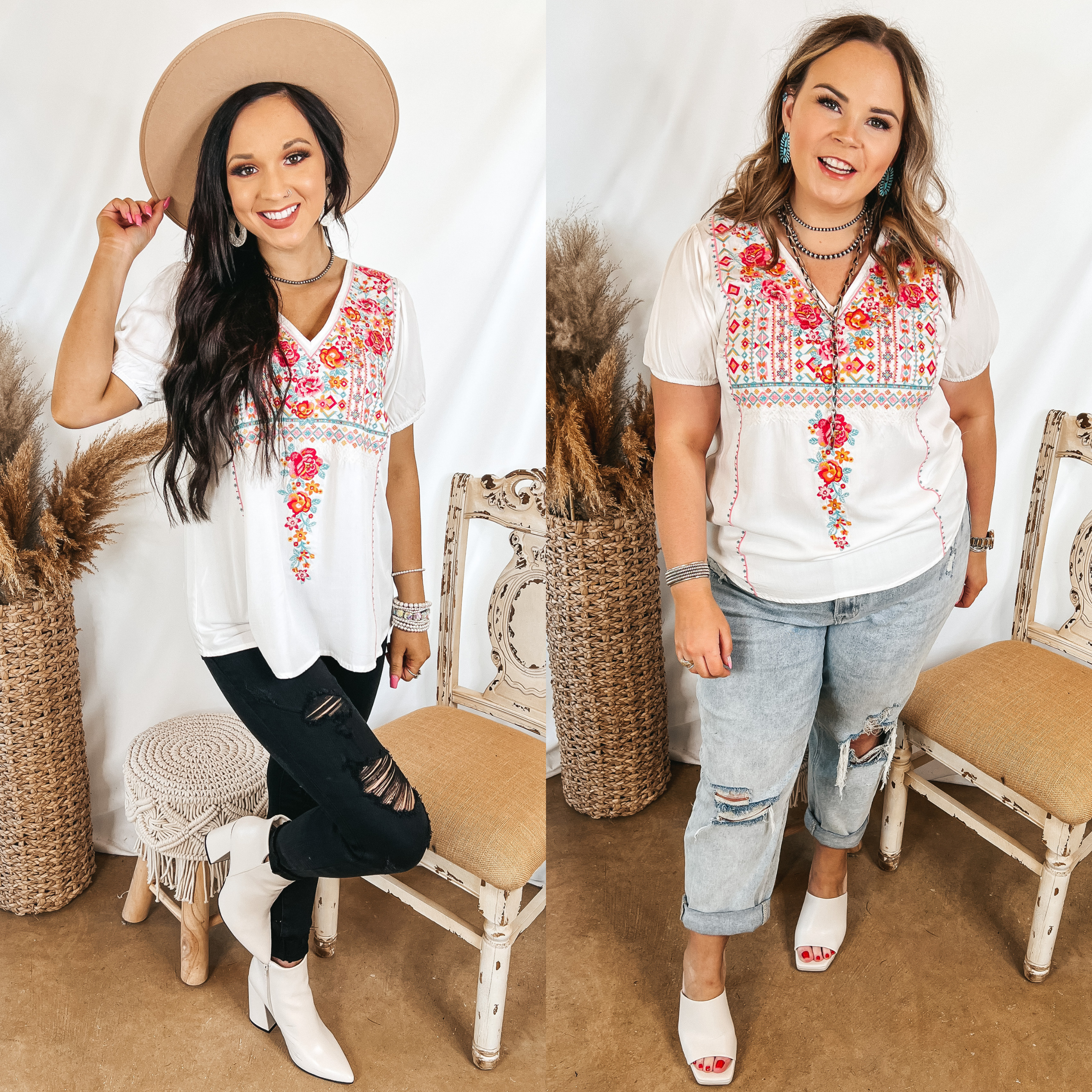 Models are wearing a white v neck tee with embroidery on the front. Size small model has it paired with black jeans, white booties, and  a tan hat. Size large model has it paired with light wash jeans, white heels, and silver jewelry.