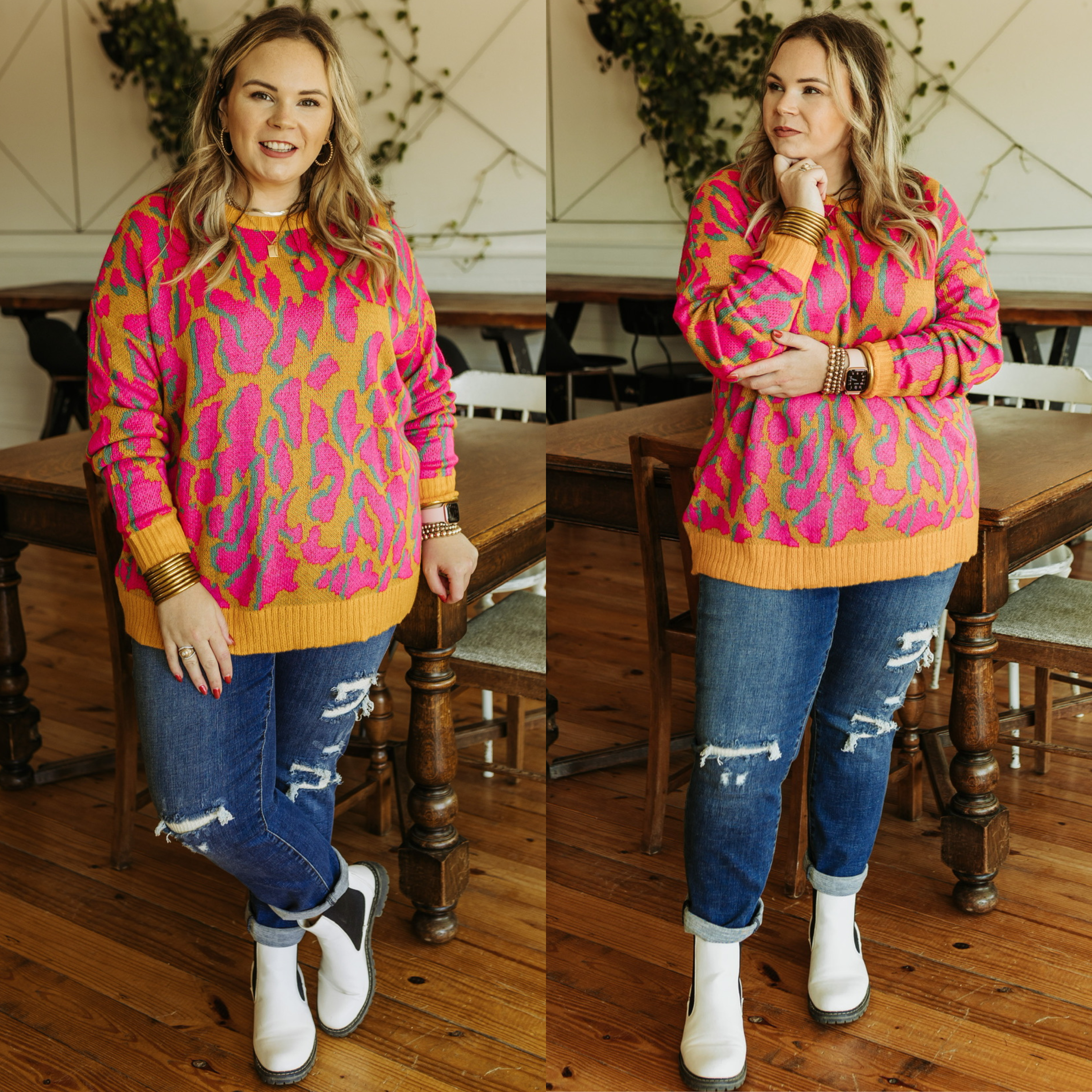 Model is wearing an animal print sweater that is a mix of neon pink, yellow, and turquosie. Model has it paried with dark wash boyfriend jeans, white booties, and gold jewelry.