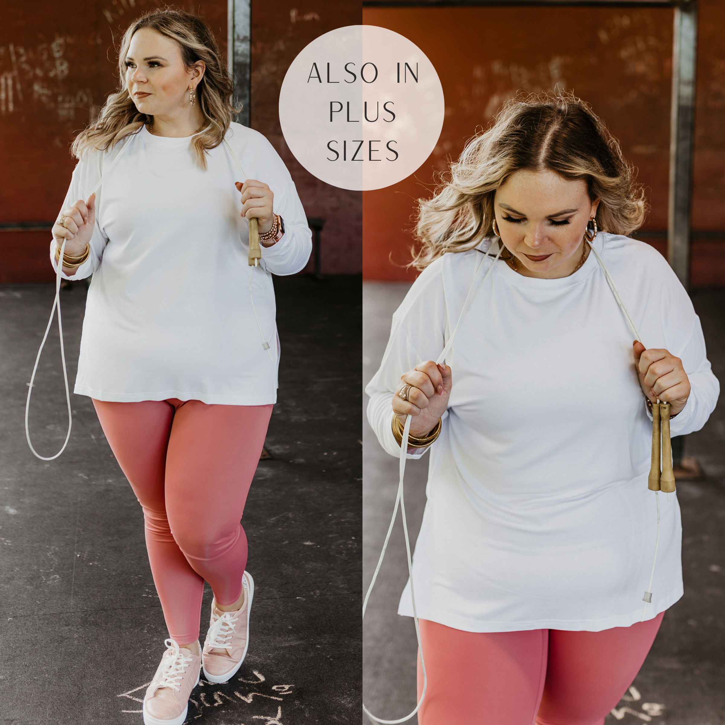 Models are wearing a white long sleeve oversized top. Model has it paired with mauve pink leggings, gold jewelry, and blush sneakers.