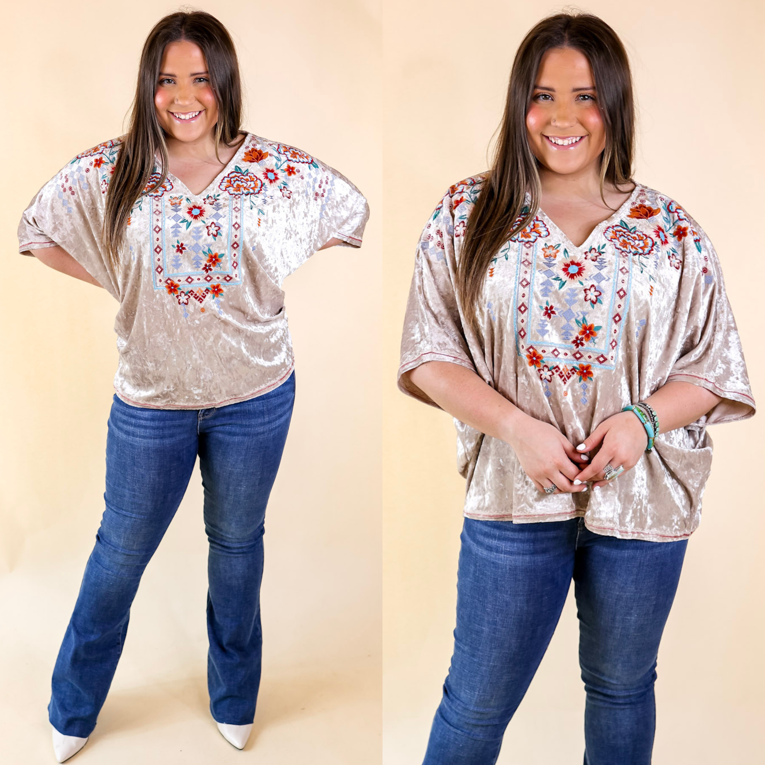 Forever Wanted Floral Embroidered Velvet Poncho Top in Oyster - Giddy Up Glamour Boutique