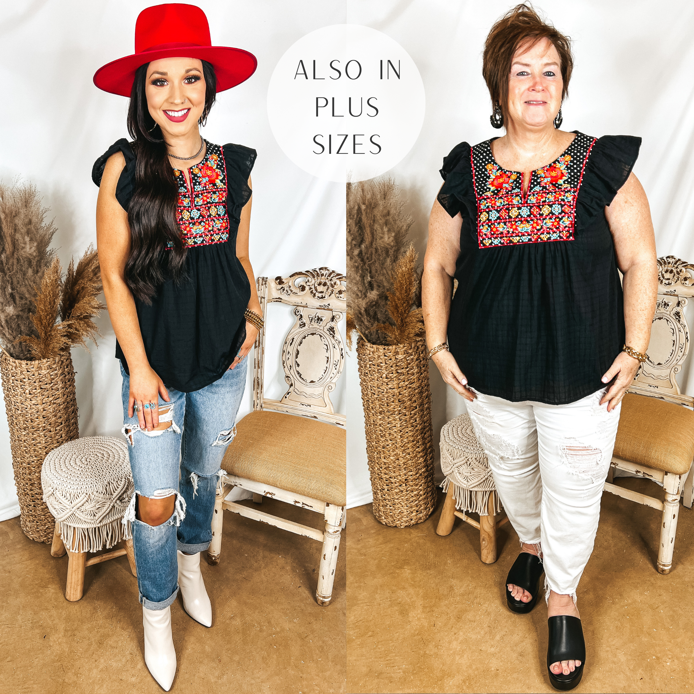 Models are wearing a black top with ruffle cap sleeves and an embroidered yoke. Size small model has it paired with distressed, light wash jeans, white booties, and a red felt hat. Plus size model has it paired with white distressed jeans, black sandals, and black jewelry.