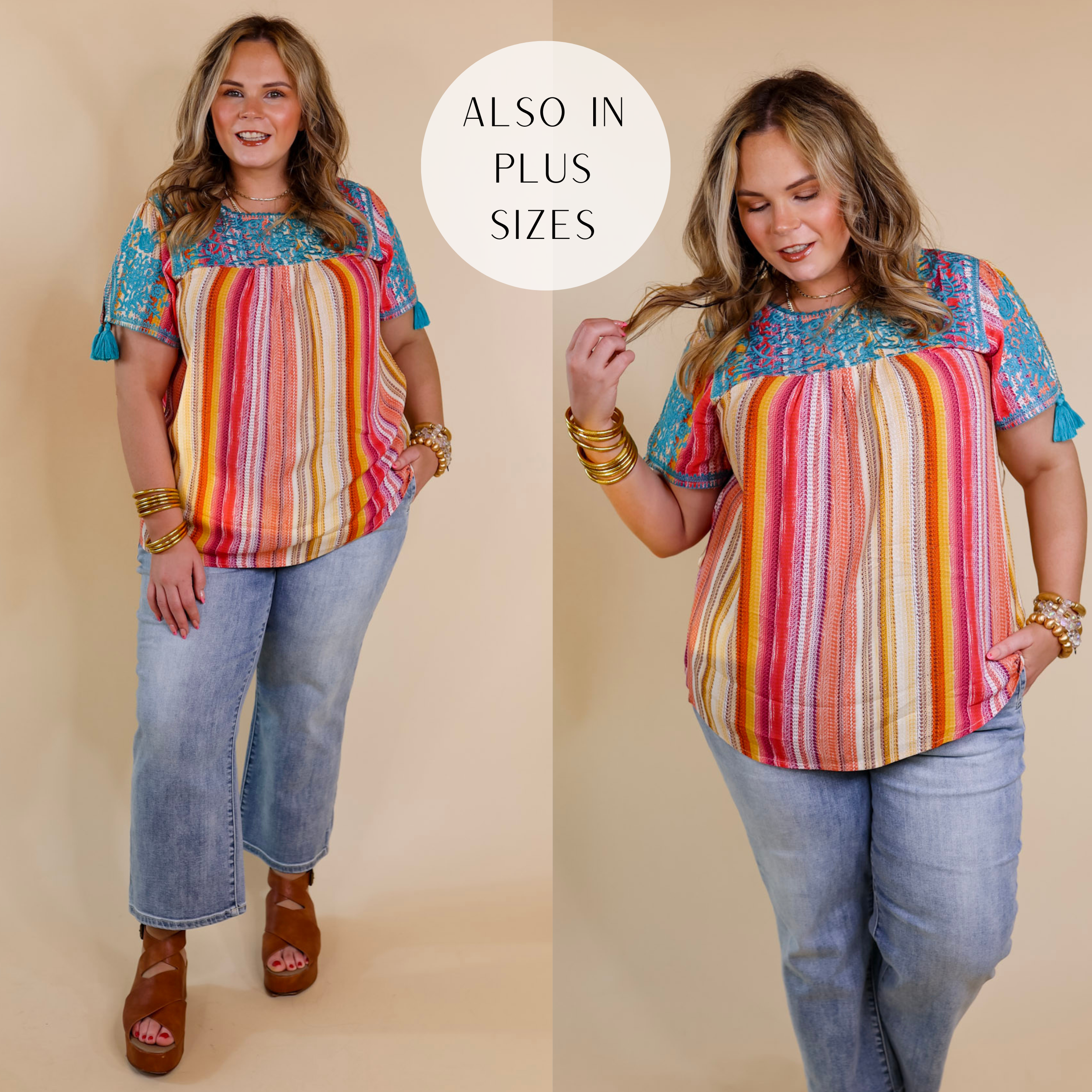 Model is wearing a serape top with short sleeves and blue floral embroidery on the neckline. Model has it paired with cropped jeans, tan wedges, and gold jewelry.