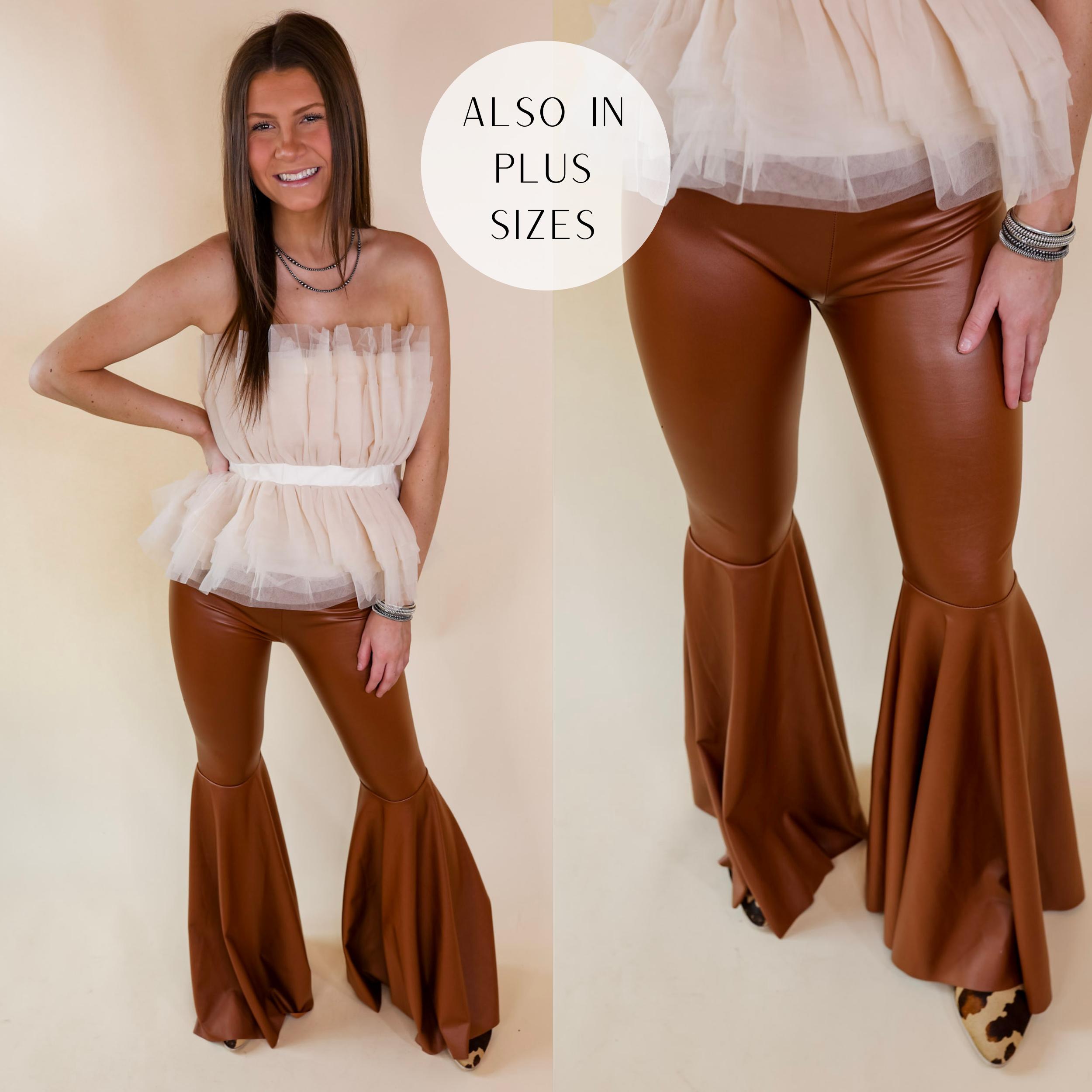 Model is wearing a pair of camel brown faux leather pants. Model has it paired with a ivory tulle top, cow print mules, and silver jewelry.