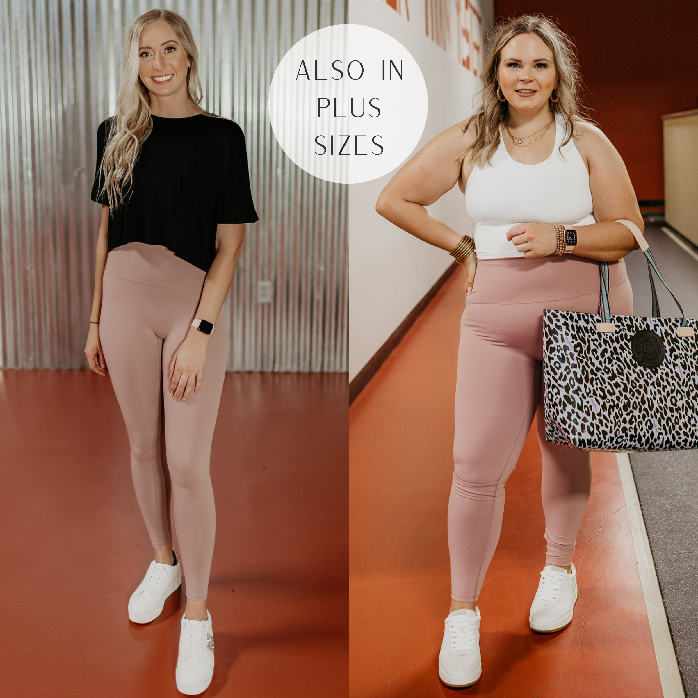 Models are wearing a pair of dusty pink leggings. Size small model has it paired with white sneakers and a black crop top. Size large model has it paired with a white top, leopard print bag, and white sneakers.