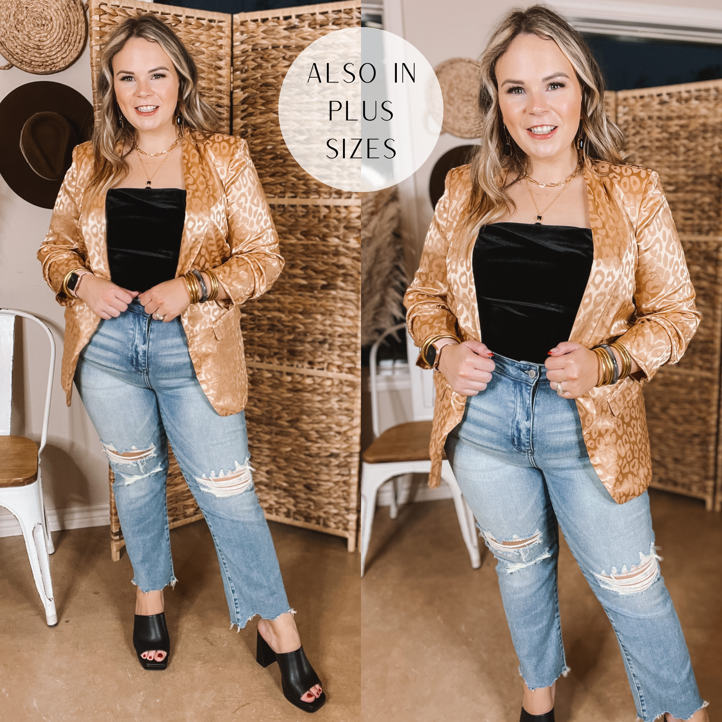 Model is wearing a 3/4 sleeves, open front blazer in Copper. Model has this blazer paired with straight leg jeans, a black velvet bodysuit, black heels, and gold jewelry. 