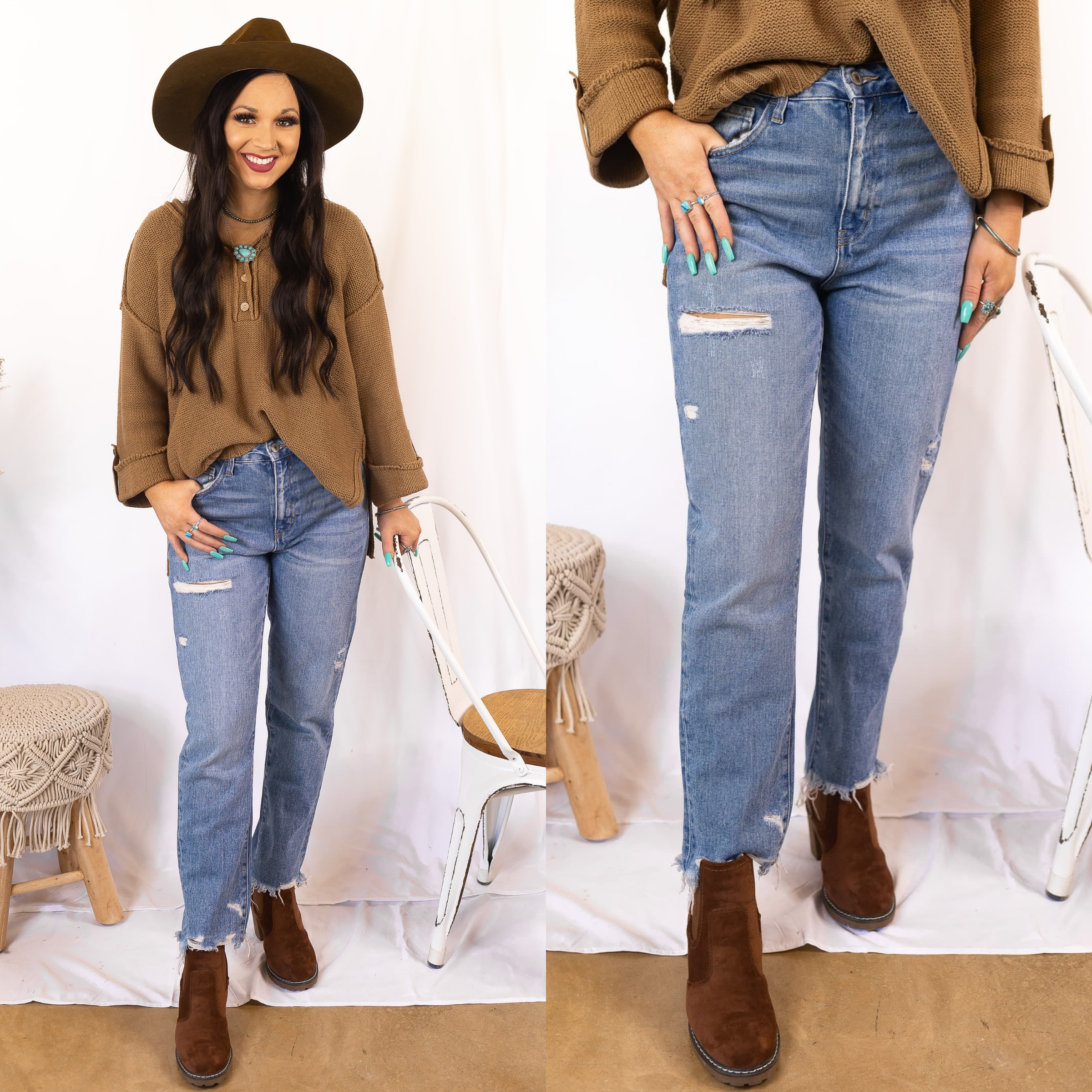 Model is wearing a frayed hem mom jean that is a light wash with slight distressing. Model has it paired with a tan sweater, brown booties, and a brown hat.