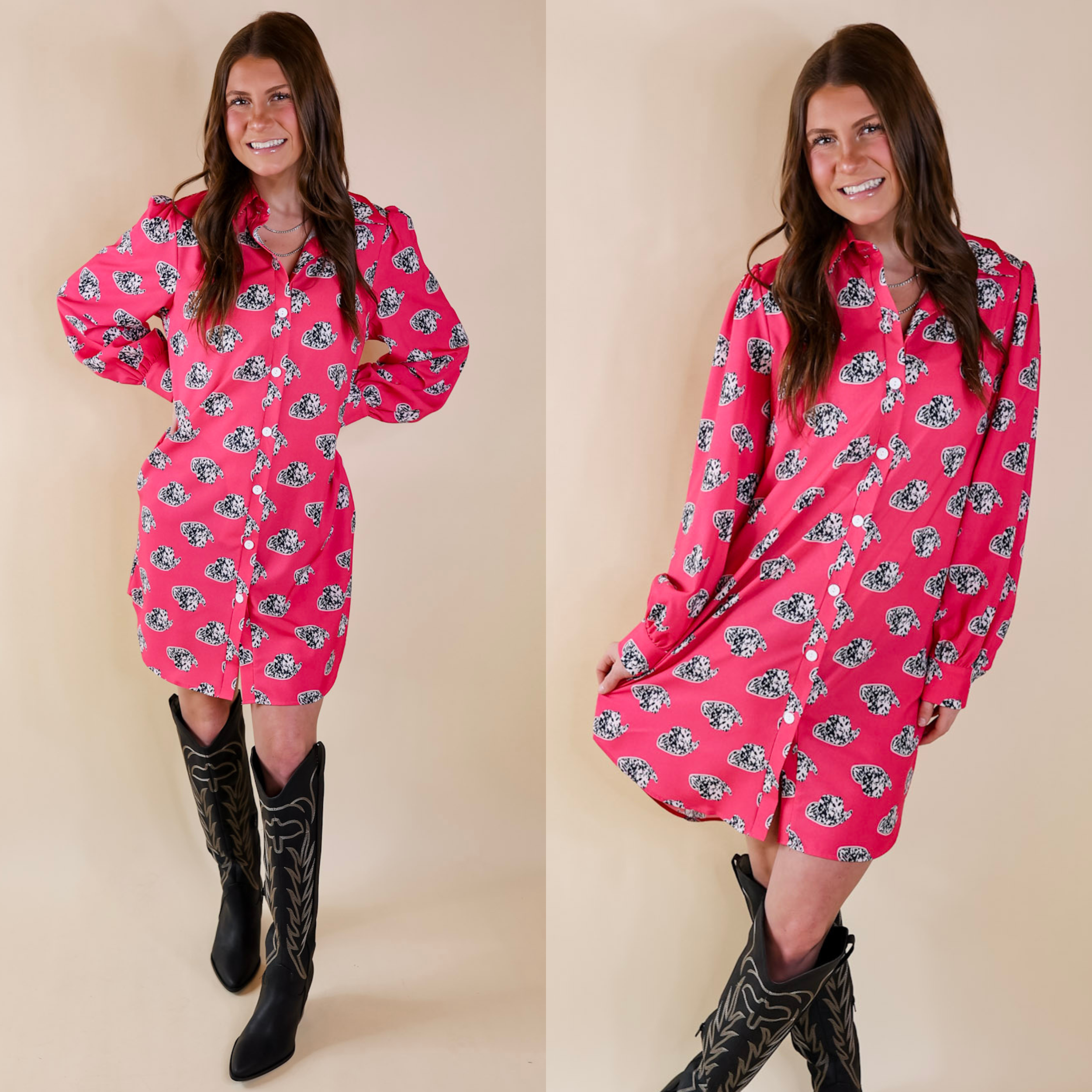 Model is wearing a pink long sleeve button up dress with cow print cowboy hats all over. Model has this knee length dress paired with black boots and silver jewelry.