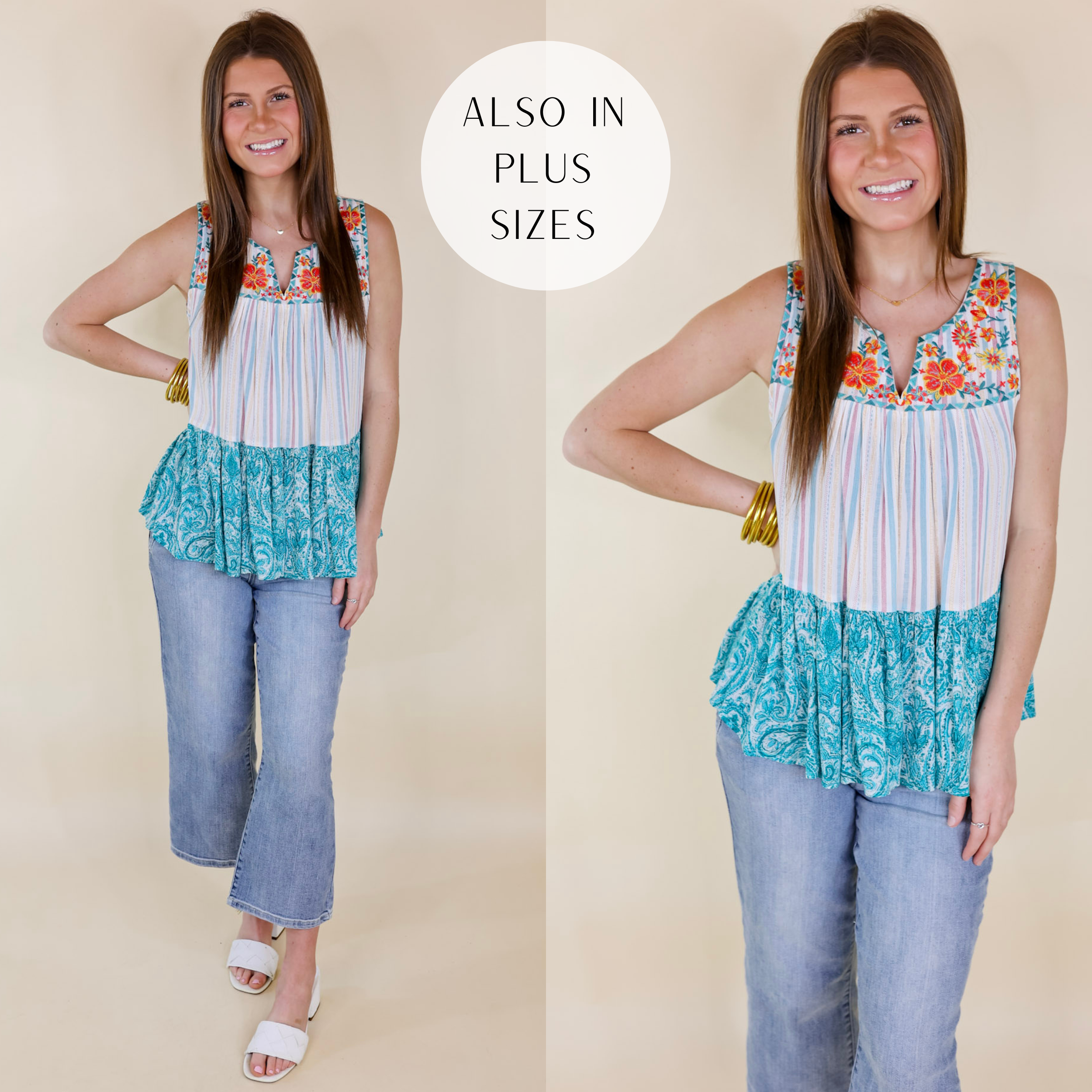 Model is wearing a tank top with a notched neckline, floral embroidery, and a striped and paisley print body. Model has it paired with gold jewelry, cropped jeans, and ivory heels.