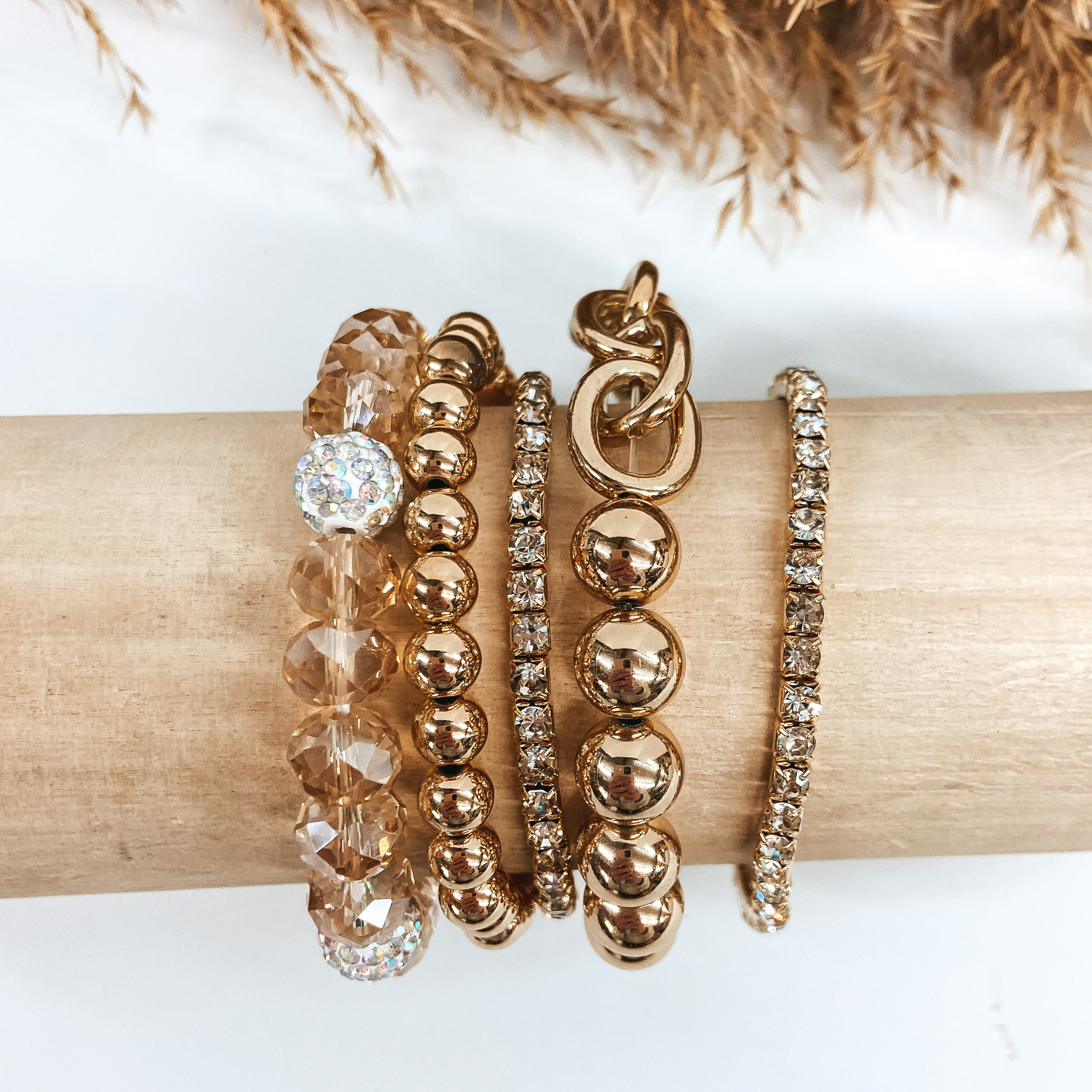 Set of Five | Crystal and Chain Beaded Bracelets in Gold and Champagne - Giddy Up Glamour Boutique