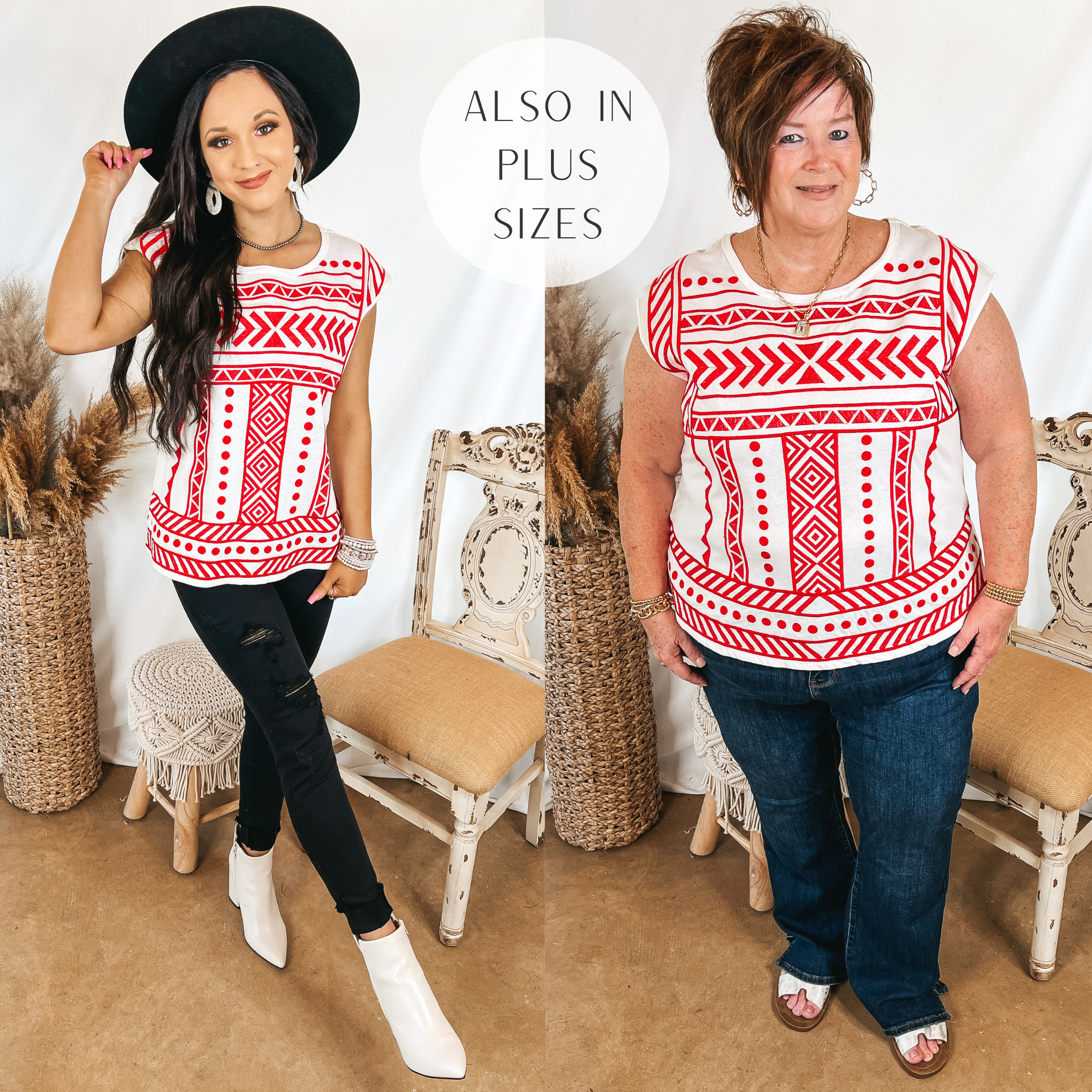 Models are wearing a white cap sleeve top that has red embroidery on the front. Size small model has it paired with black skinnies, white booties, and a black hat. Plus size model has it paired with bootcut jeans, white sandals, and gold jewelry.