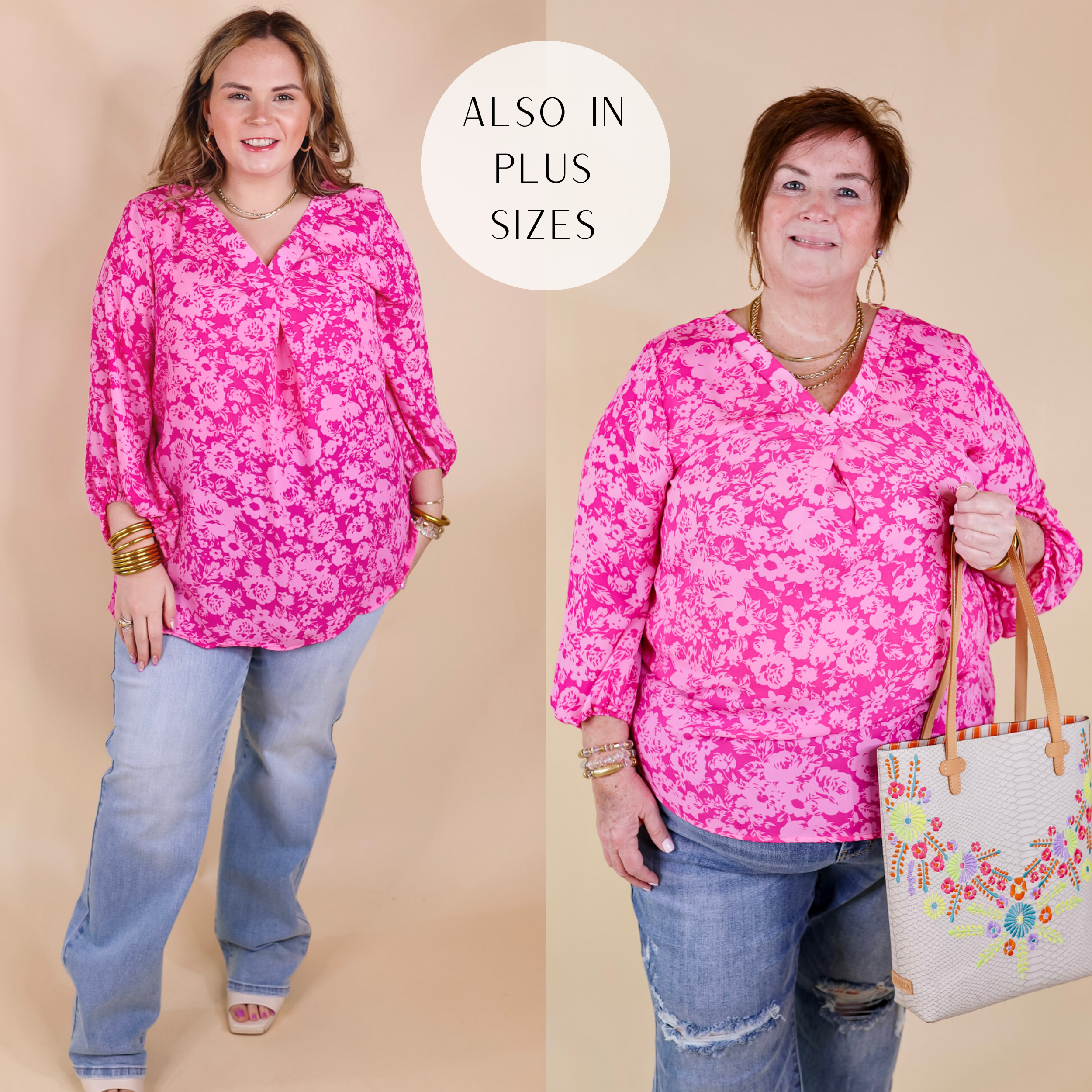 Models are wearing a pink floral top with 3/4 sleeves and a placket v neckline. Size large model has it paired wide leg pants, ivory heels, and gold jewelry. Plus size model has it paired with distressed jeans, a snakeskin purse, and gold jewelry.