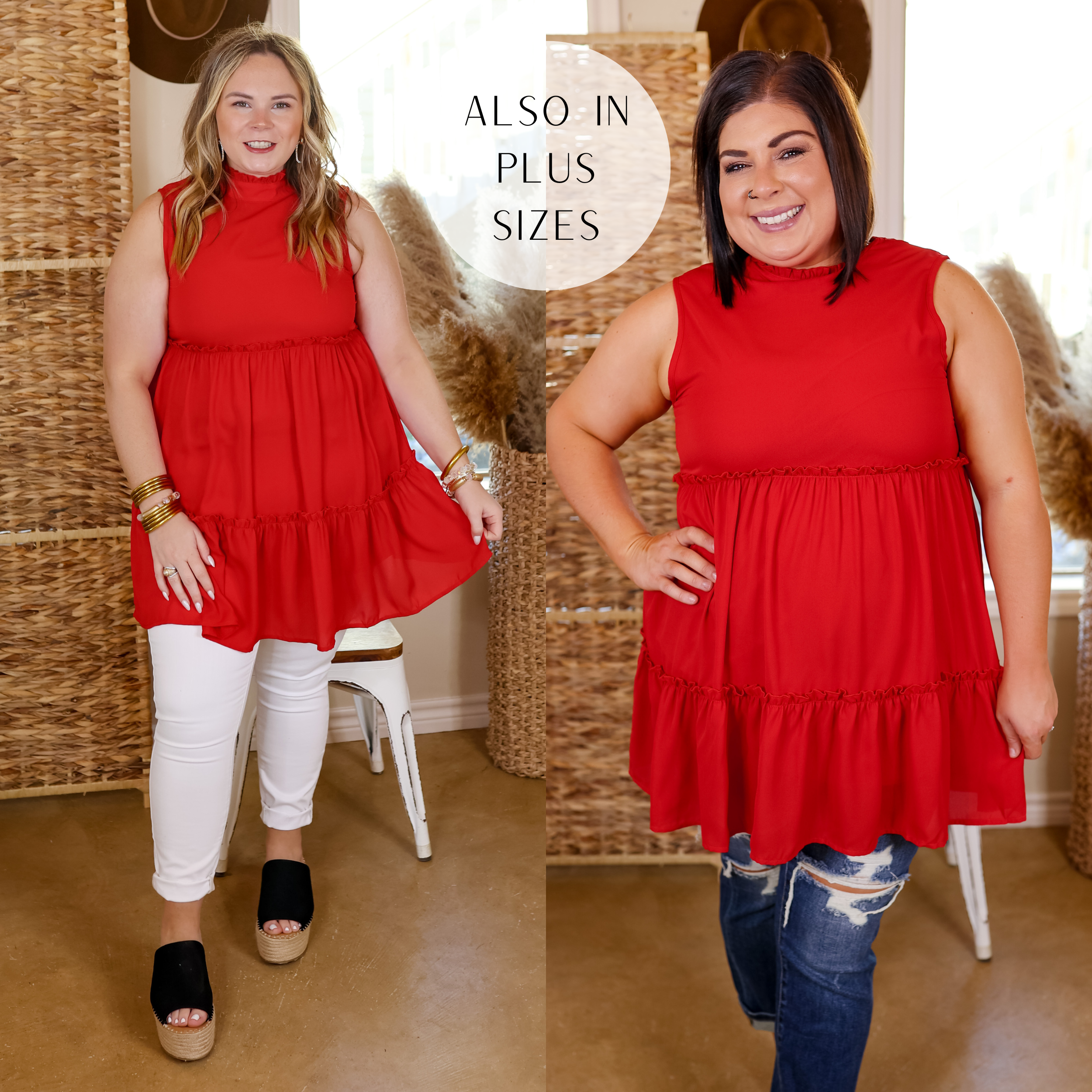 Model is wearing a high neck tank tunic top in red. Model has this paired with white skinny jeans, black espadrille wedges and gold jewelry.
