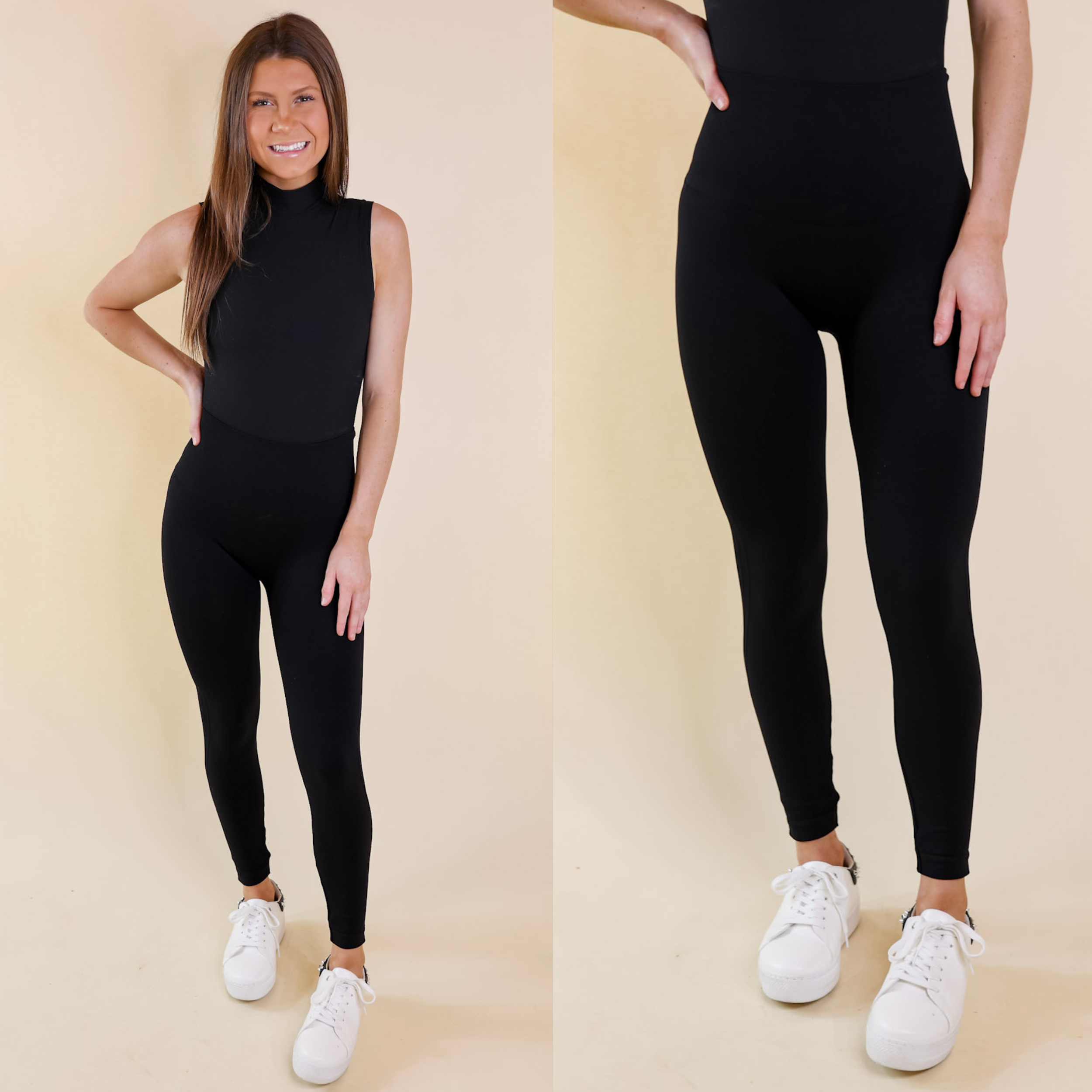 Model is wearing a pair of black seamless leggings. Model has them paired with white sneakers and a black bodysuit.