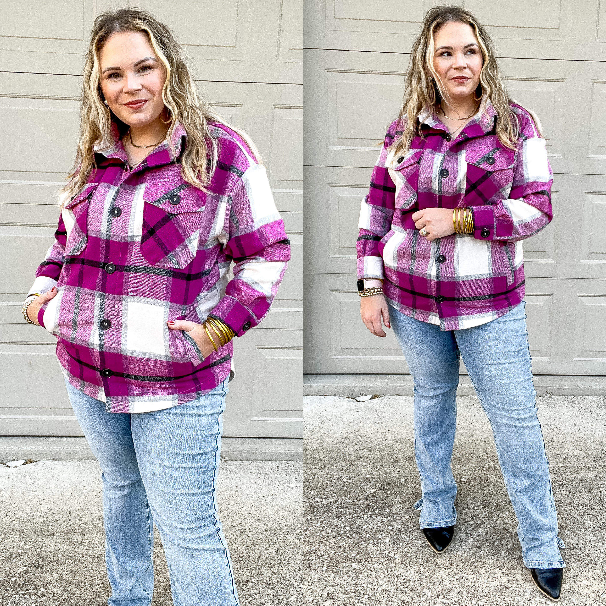 Model is wearing a button up plaid top that is magenta purple with long sleeves. Model has it paired with black mules, light wash bootcut jeans, and gold jewelry.