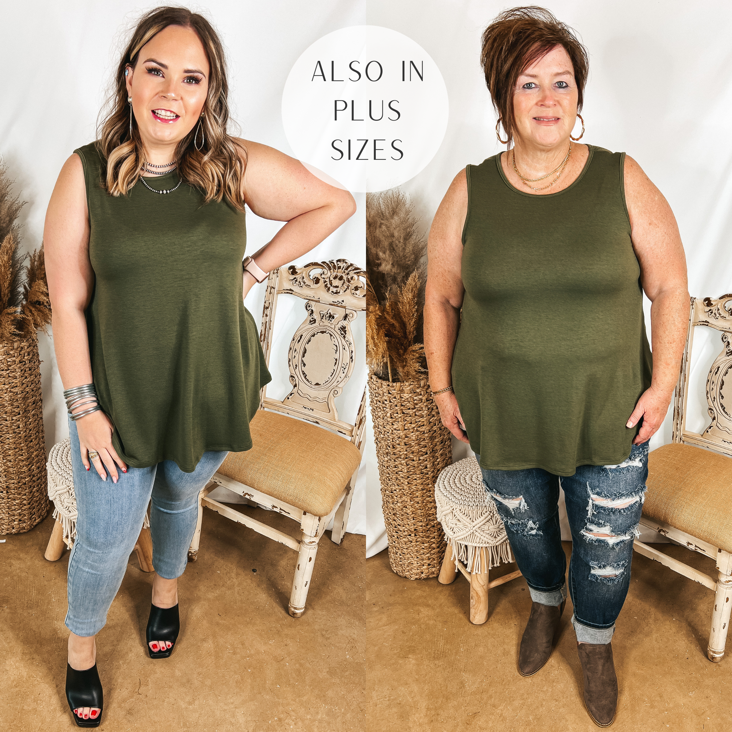 Models are wearing an olive green tank top. Size large model has it paired with light wash jeggings, black heels and silver jewelry. Plus size model has it paired with distressed boyfriend jeans, brown booties, and gold jewelry.