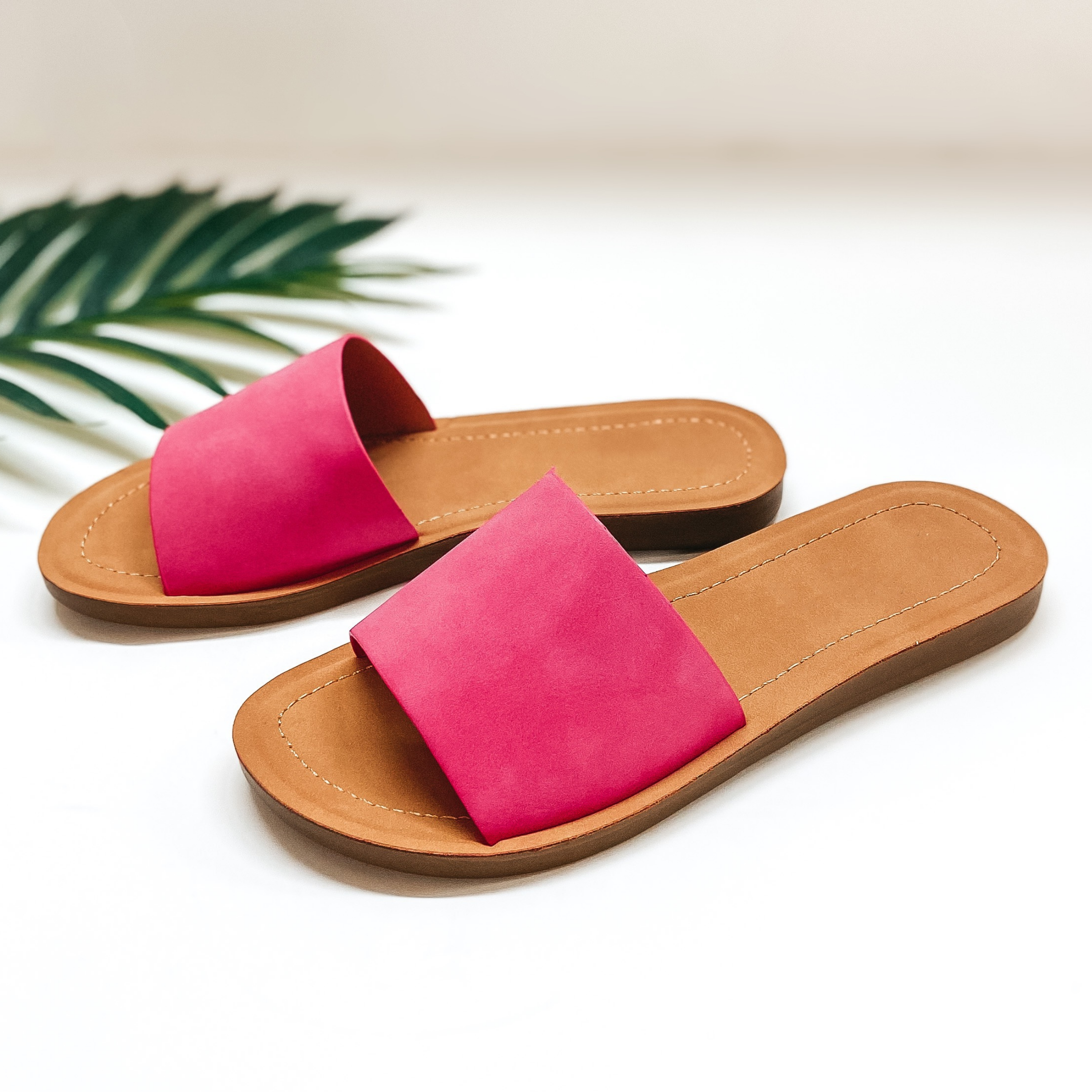 Passing By Single Strap Slide On Sandals in Fuchsia - Giddy Up Glamour Boutique