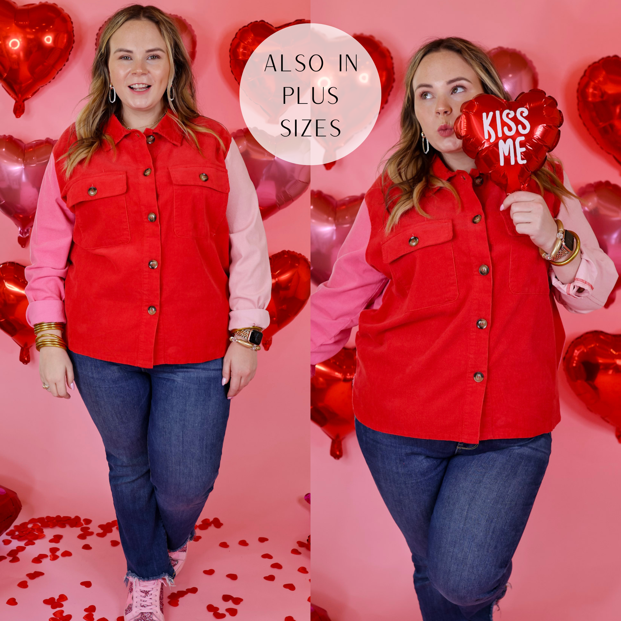 Model is wearing a button down color block shacket in red and pink. Model has this shacket paired with skinny jeans, gold jewelry, and pink sneakers. Background is light pink with red heart balloons. 