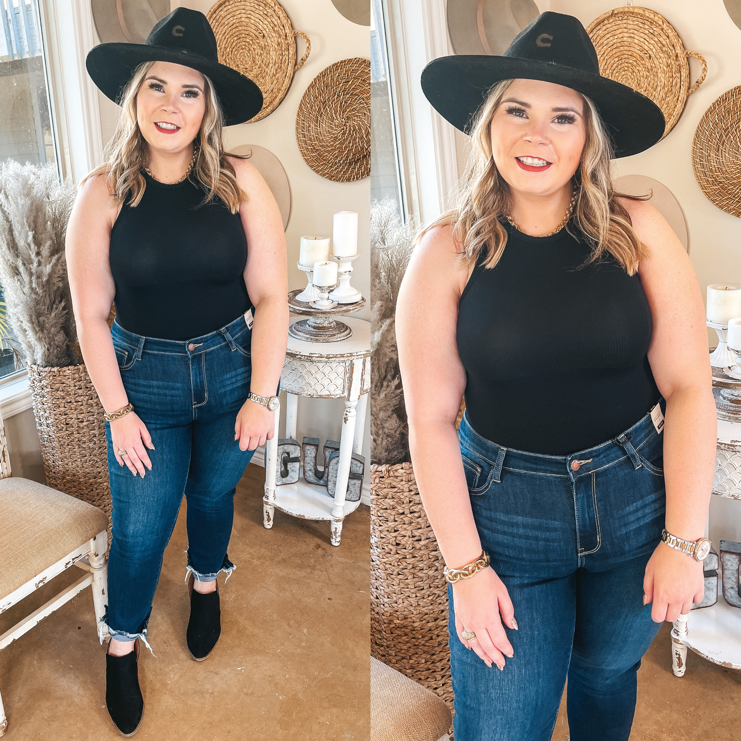 On the Lookout High Neck Ribbed Tank Top Bodysuit in Black - Giddy Up Glamour Boutique