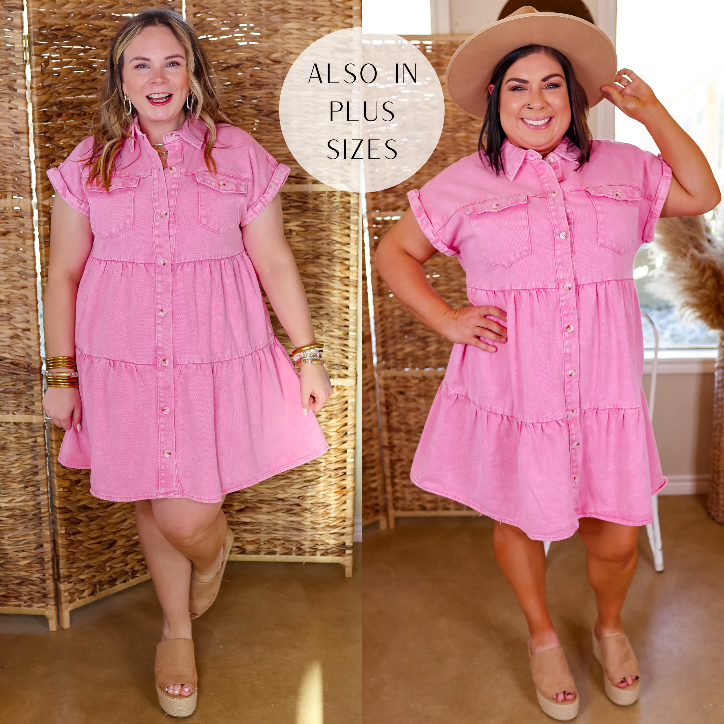 Models are wearing a short, denim, button down tiered dress in pink. Models have this dress paired with nude wedges, gold jewelry, and model two has it paired with a hat. 