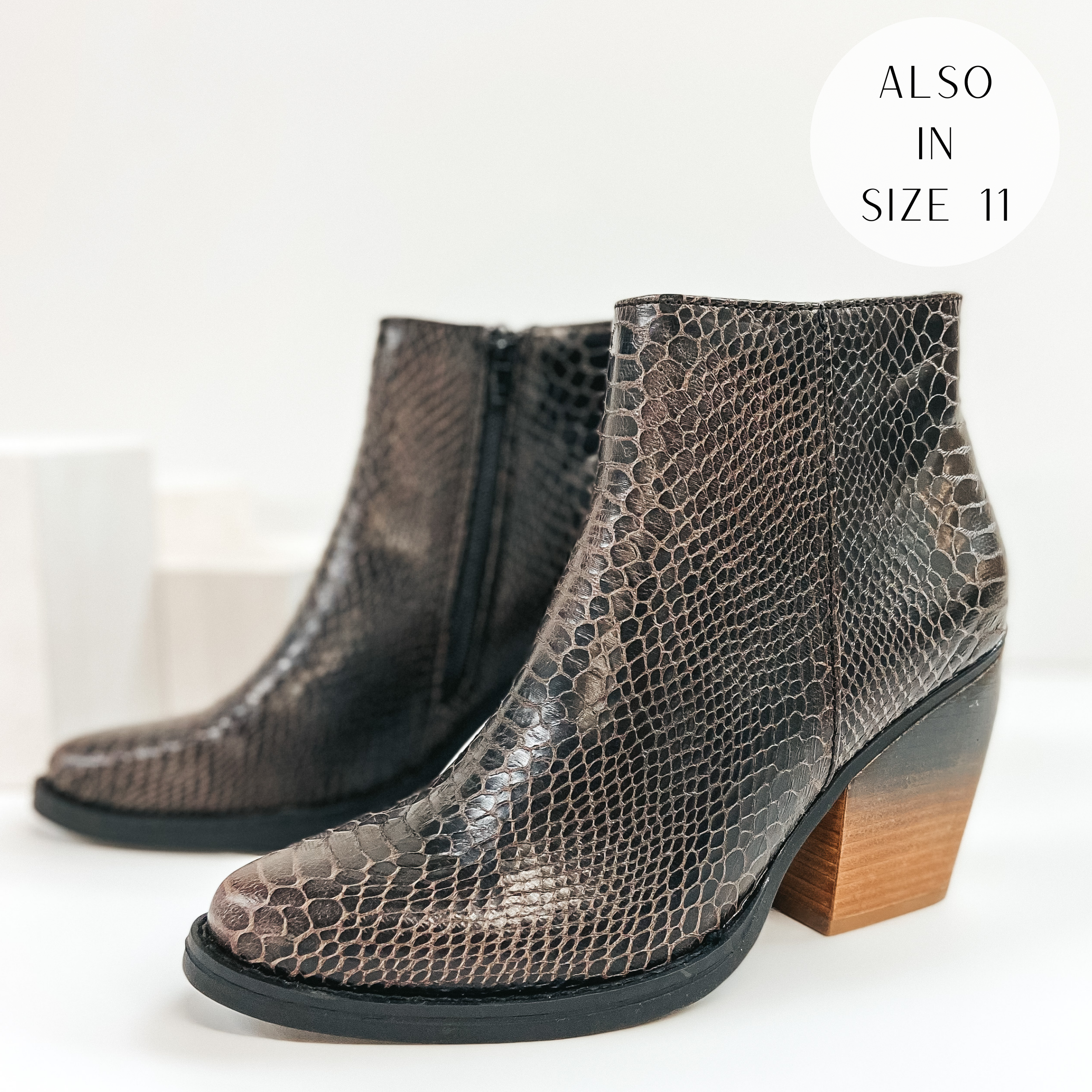 Online Exclusive | Very G | Stay Glam Snake Print Heeled Booties in Black - Giddy Up Glamour Boutique