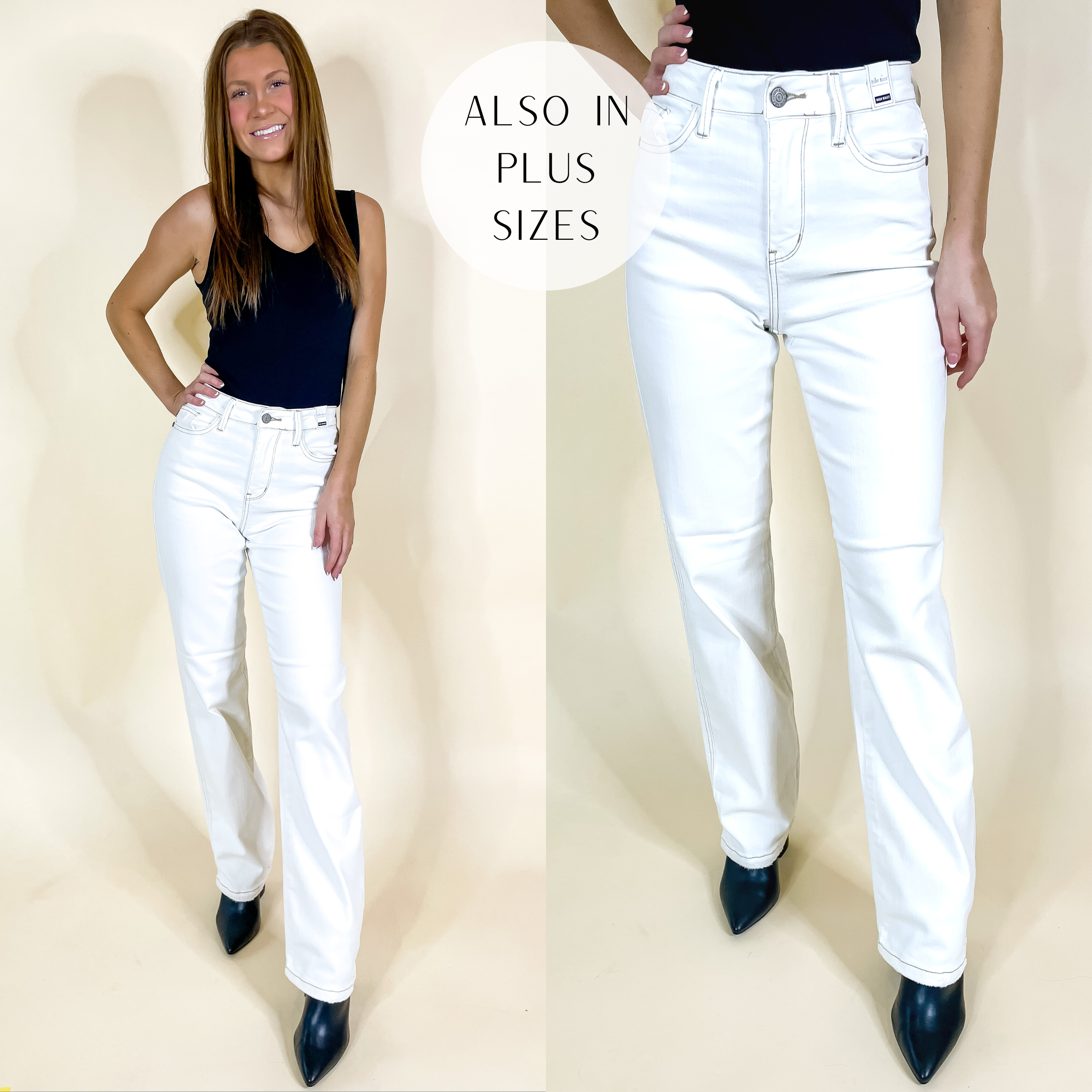 Model is wearing a pair of ivory bootcut jeans that have a raw hemline. Model has these jeans paired with a black tank top and black booties.