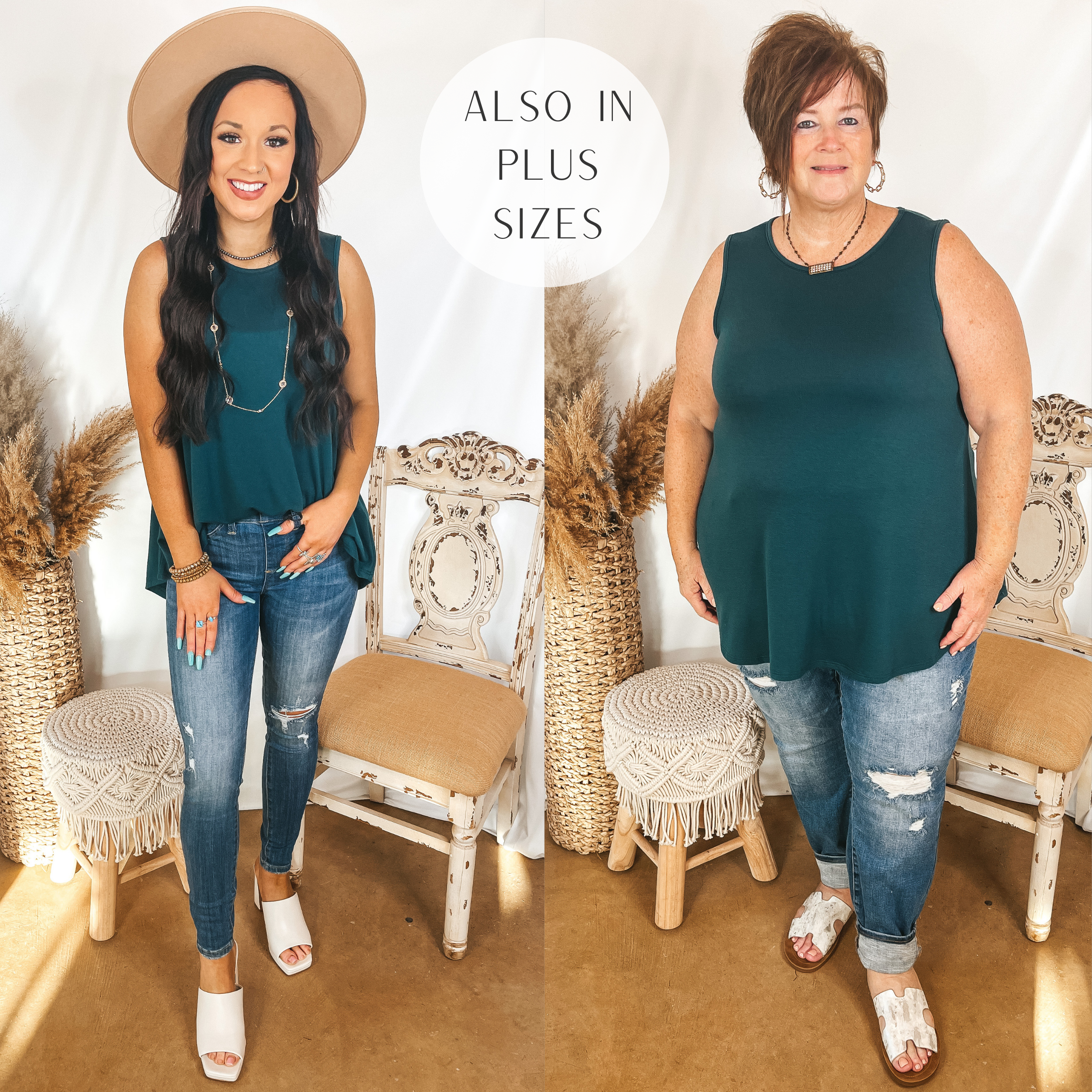 Models are wearing a dark teal tank top. Size small model has it paired with distressed skinny jeans, white heels, and a tan rancher hat. Plus size model has it paired with boyfriend jeans, white sandals, and Pink Panache jewelry.