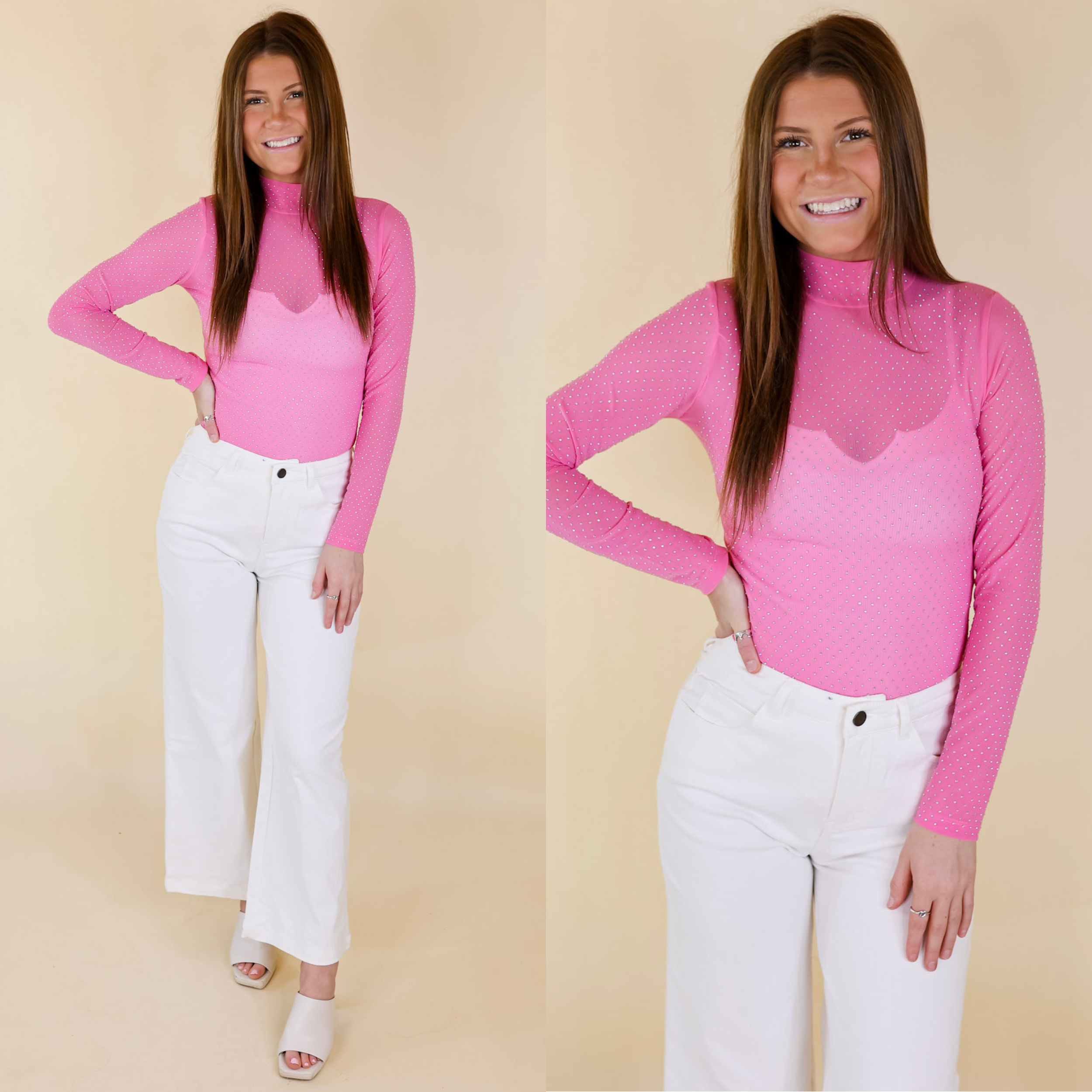 Model is wearing a pink bodysuit with long sleeves and crystals. Model has it paired with white jeans, ivory heels, and silver jewlery.