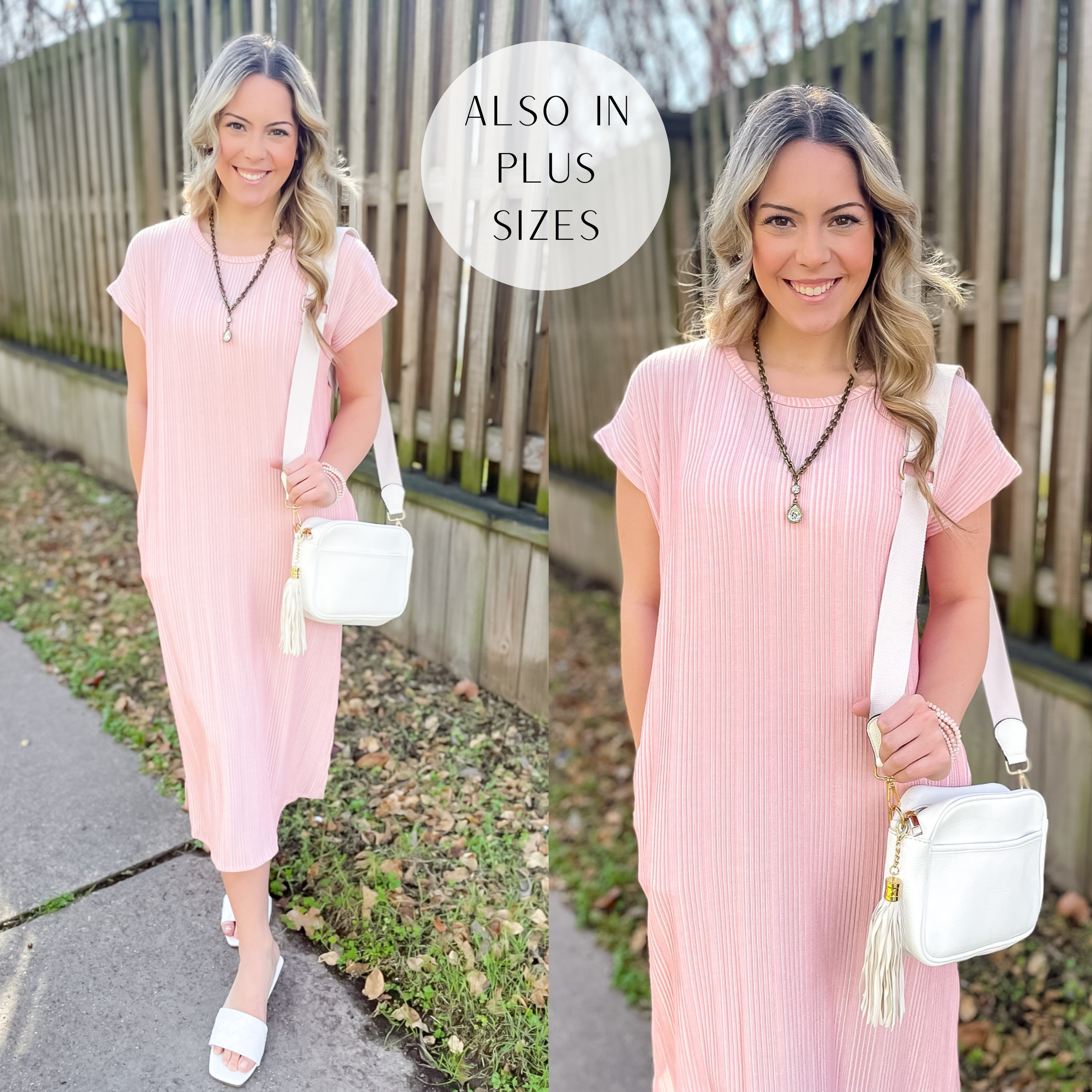 Model is wearing a short sleeve ribbed midi dress in pink. Model has this dress paired with white sandals, a white purse, and black jewelry. 