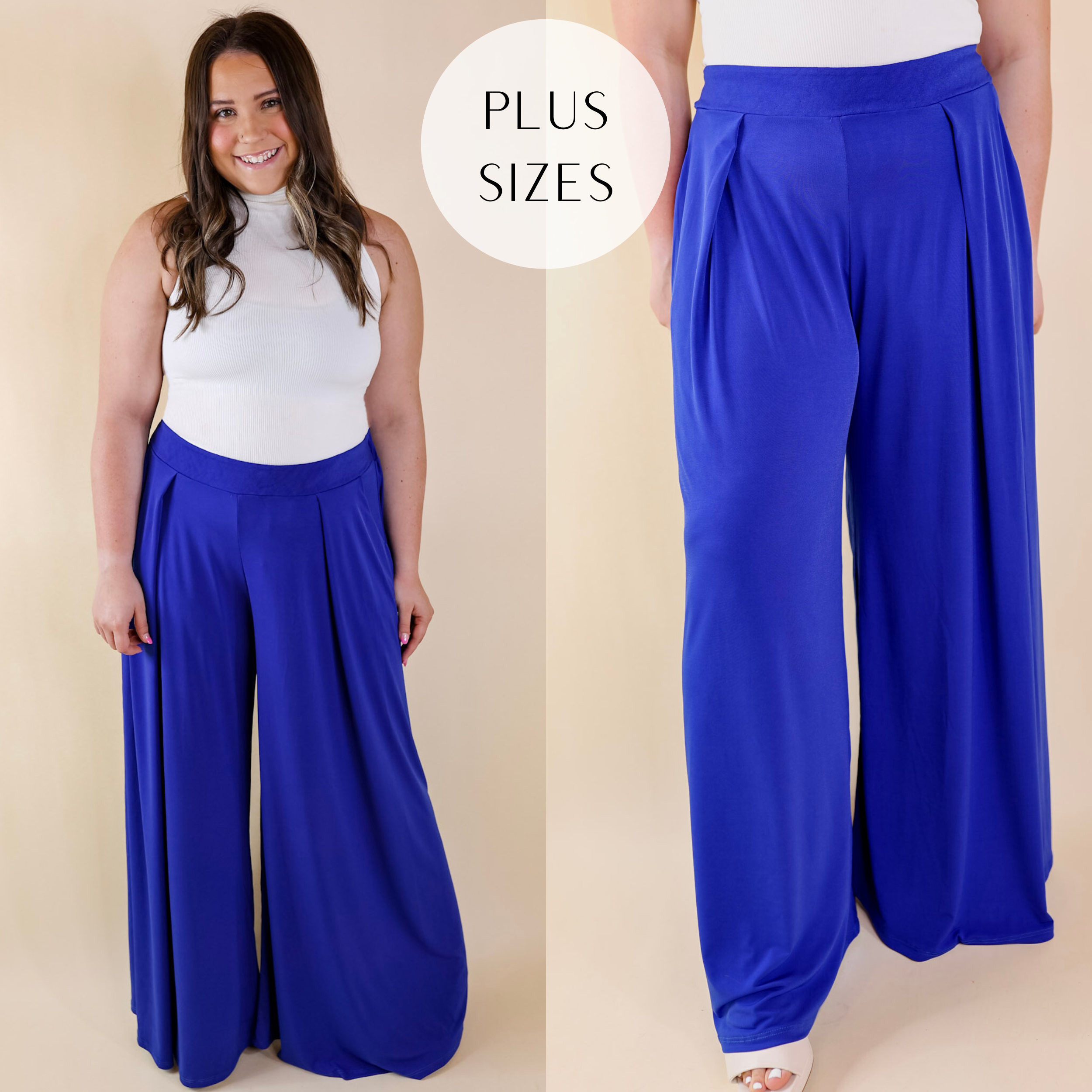Model is wearing a pair of wide leg pants with an elastic waist and pleated detail in royal blue. Model has it paired with a white tank top, gold jewelry, and ivory heels.